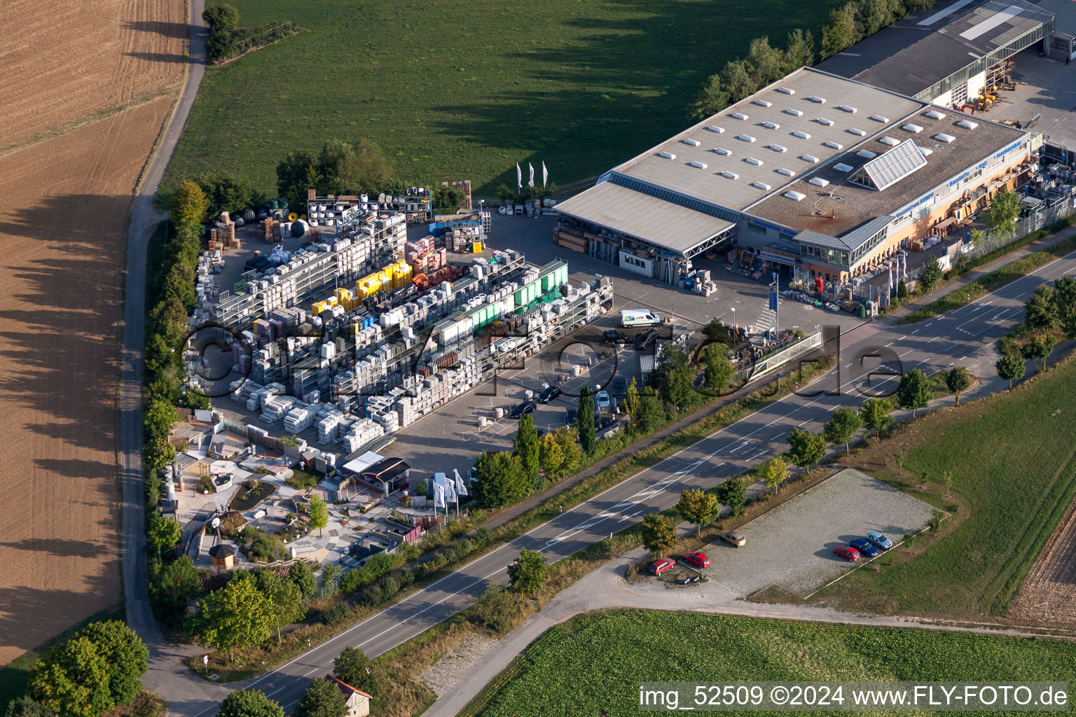 Aerial view of Building of the construction market Koempf Baufachmarkt GmbH in the district Darmsheim in Sindelfingen in the state Baden-Wurttemberg, Germany