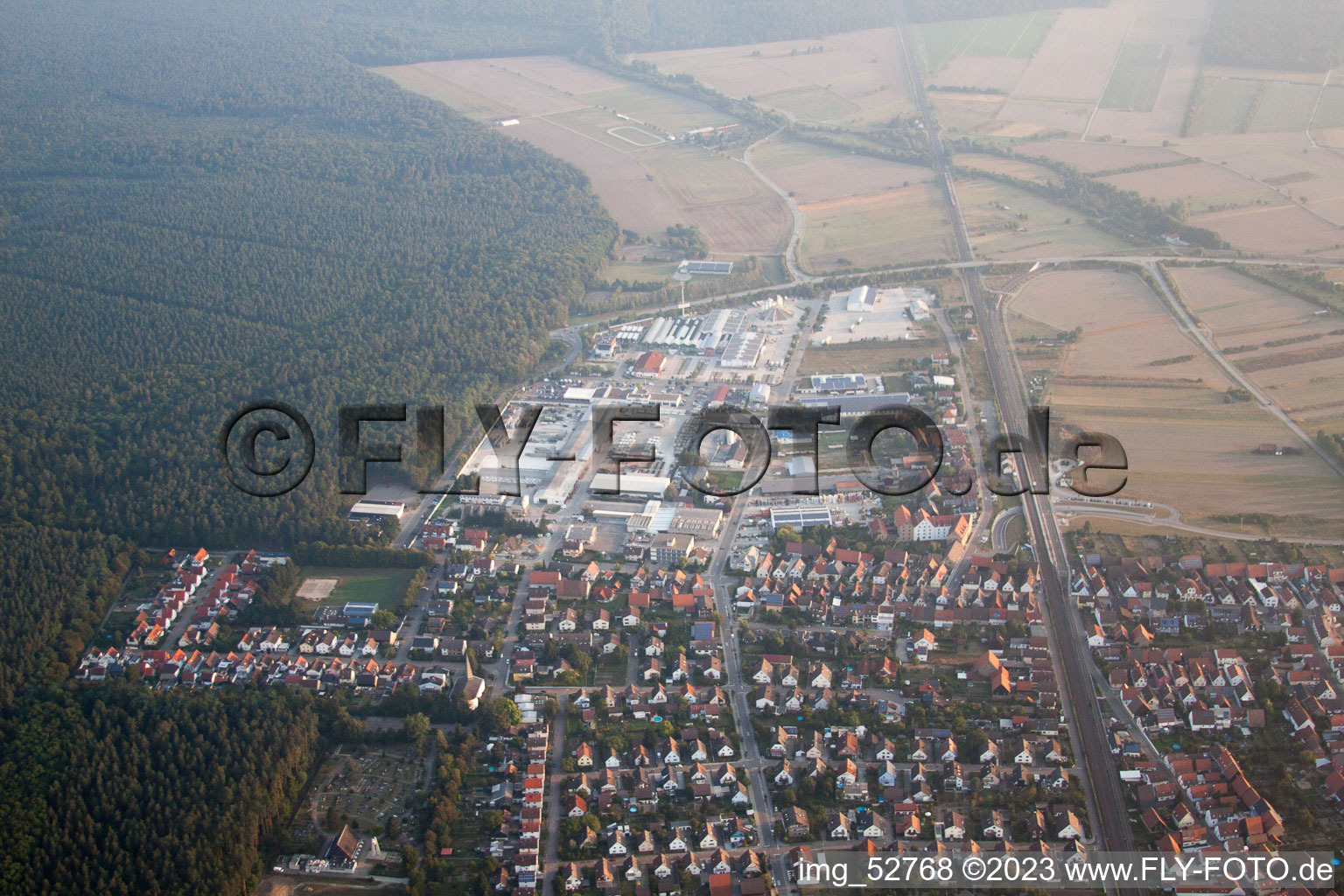 Drone recording of District Friedrichstal in Stutensee in the state Baden-Wuerttemberg, Germany