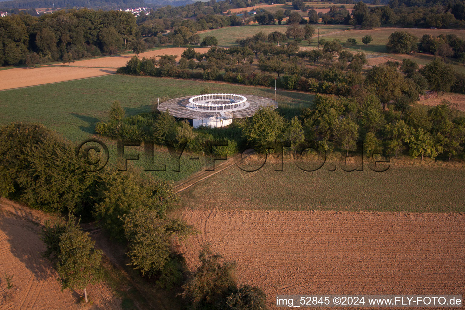 Oblique view of Radio beacon KRH VOR Karlsruhe in the district Wöschbach in Pfinztal in the state Baden-Wuerttemberg, Germany