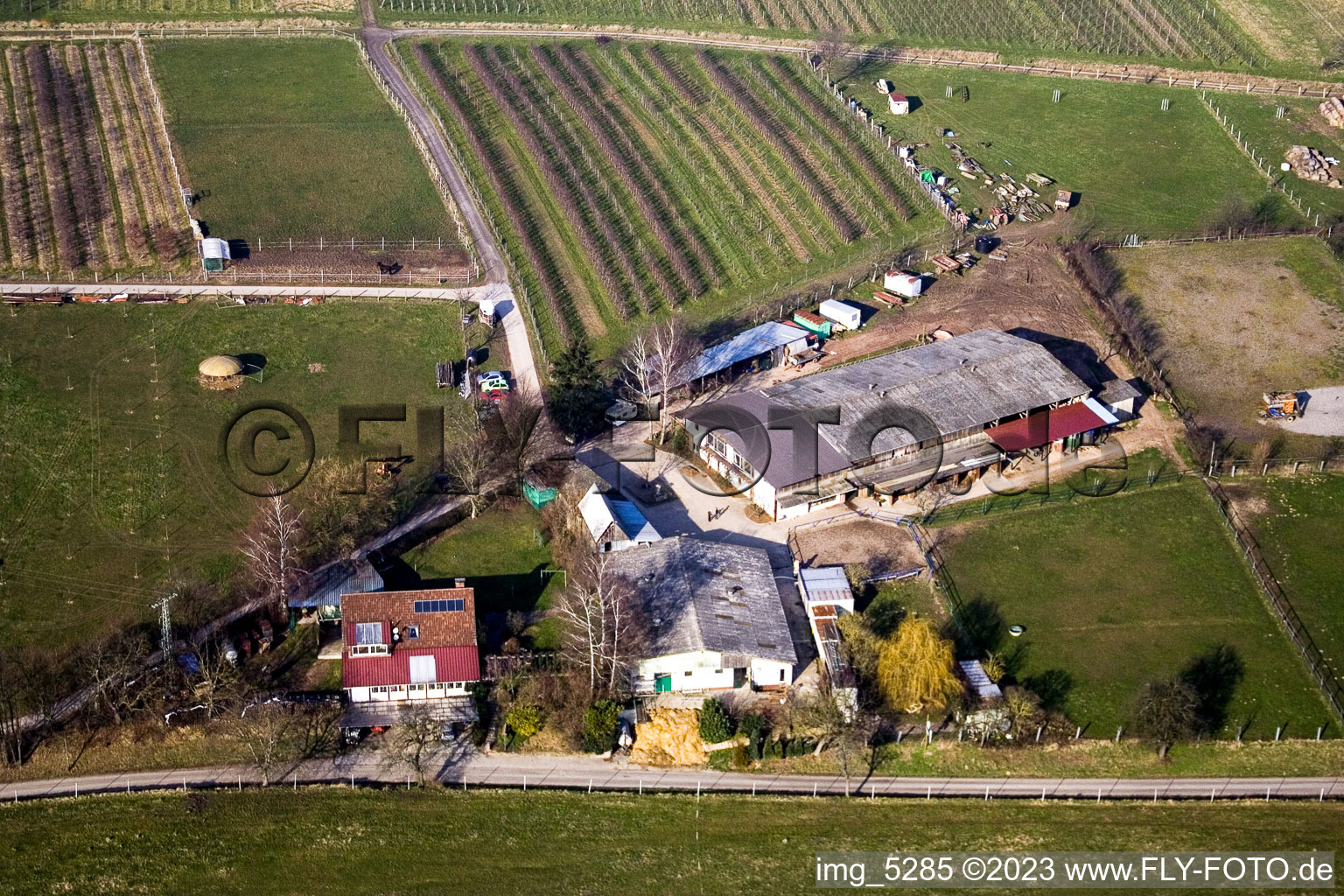 Aerial view of Heidebrunnerhof horse farm in Oberotterbach in the state Rhineland-Palatinate, Germany