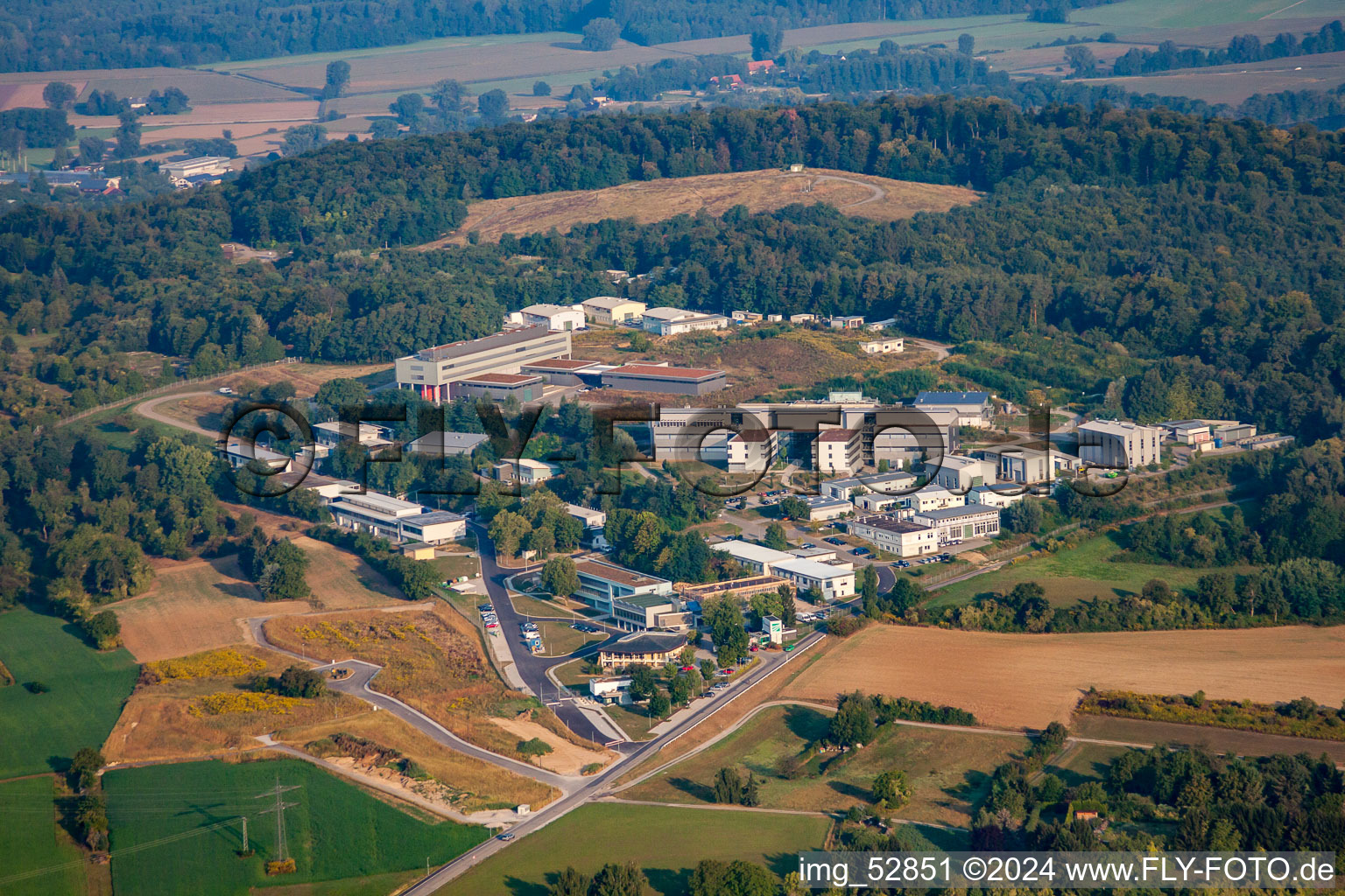 Aerial view of Fraunhofer Institute in the district Grötzingen in Karlsruhe in the state Baden-Wuerttemberg, Germany