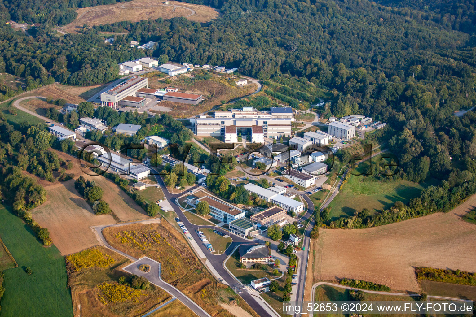 Aerial photograpy of Fraunhofer Institute in the district Grötzingen in Karlsruhe in the state Baden-Wuerttemberg, Germany