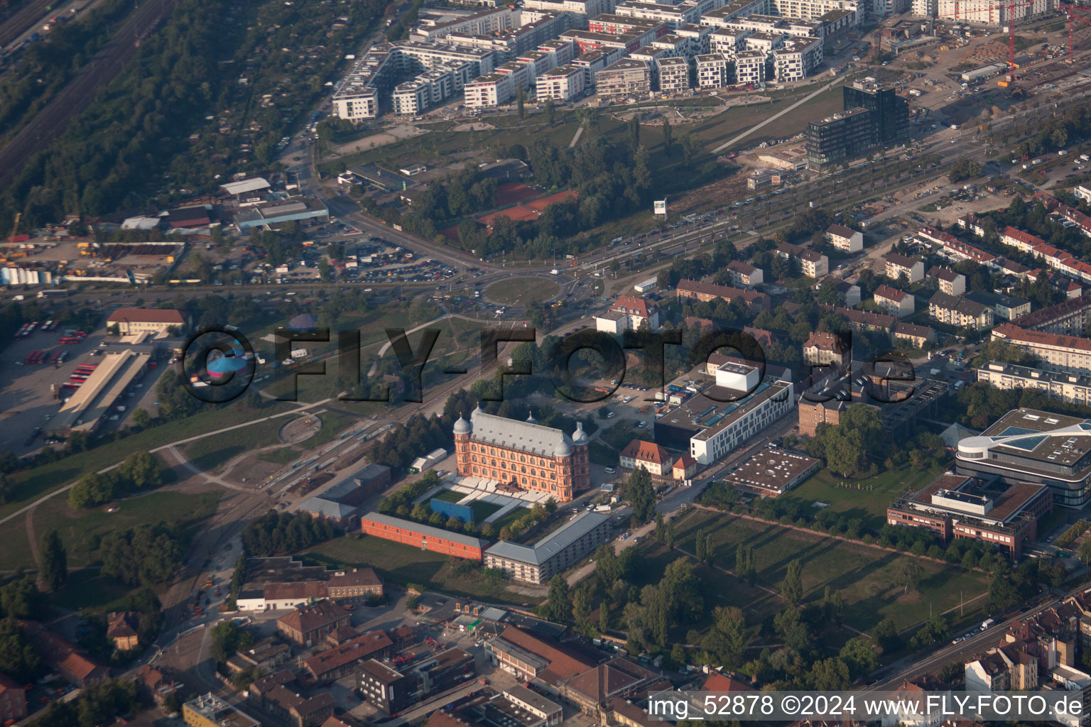 Aerial view of Gottesaue Castle in the district Oststadt in Karlsruhe in the state Baden-Wuerttemberg, Germany