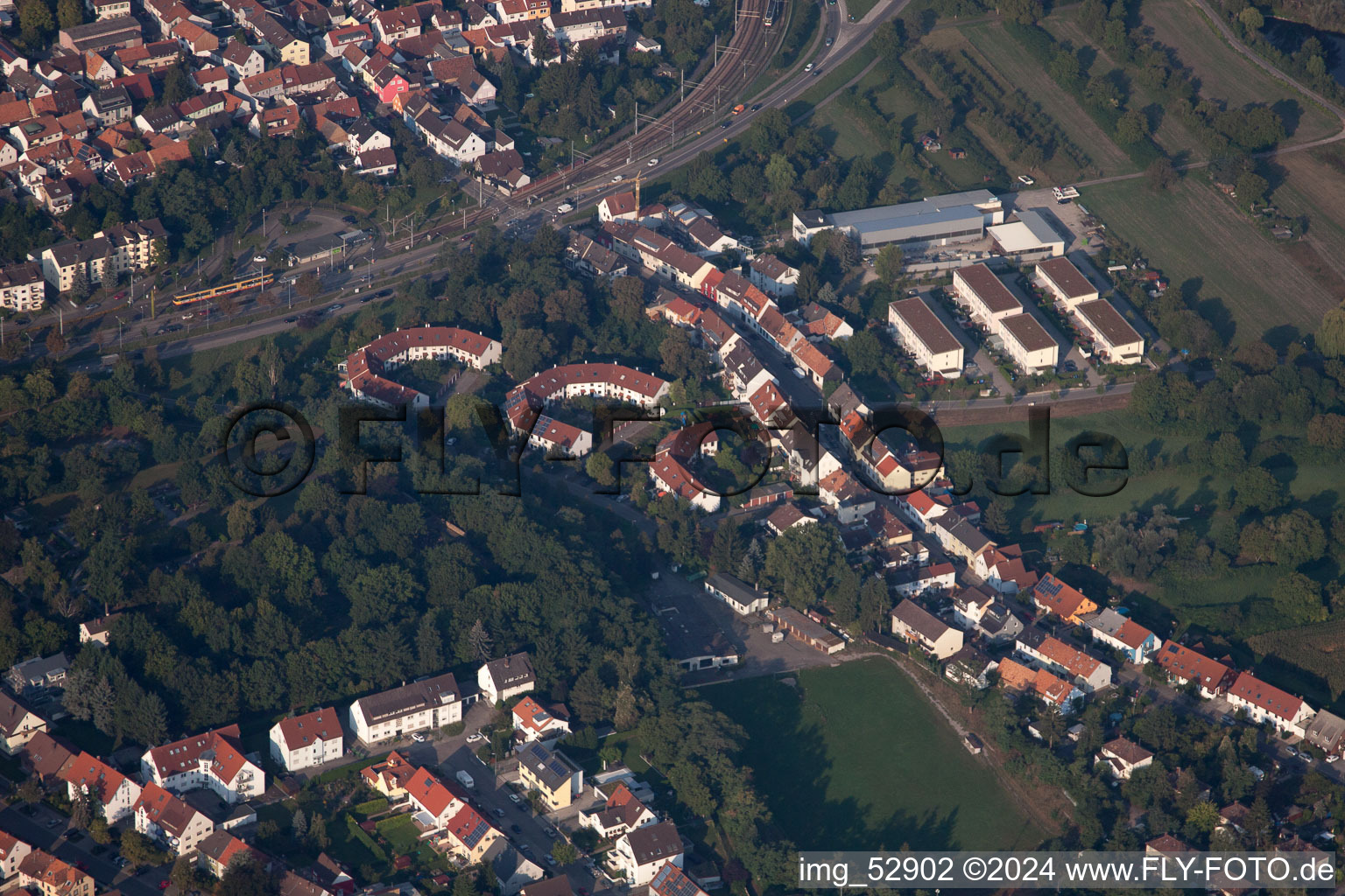 Bird's eye view of District Nordweststadt in Karlsruhe in the state Baden-Wuerttemberg, Germany