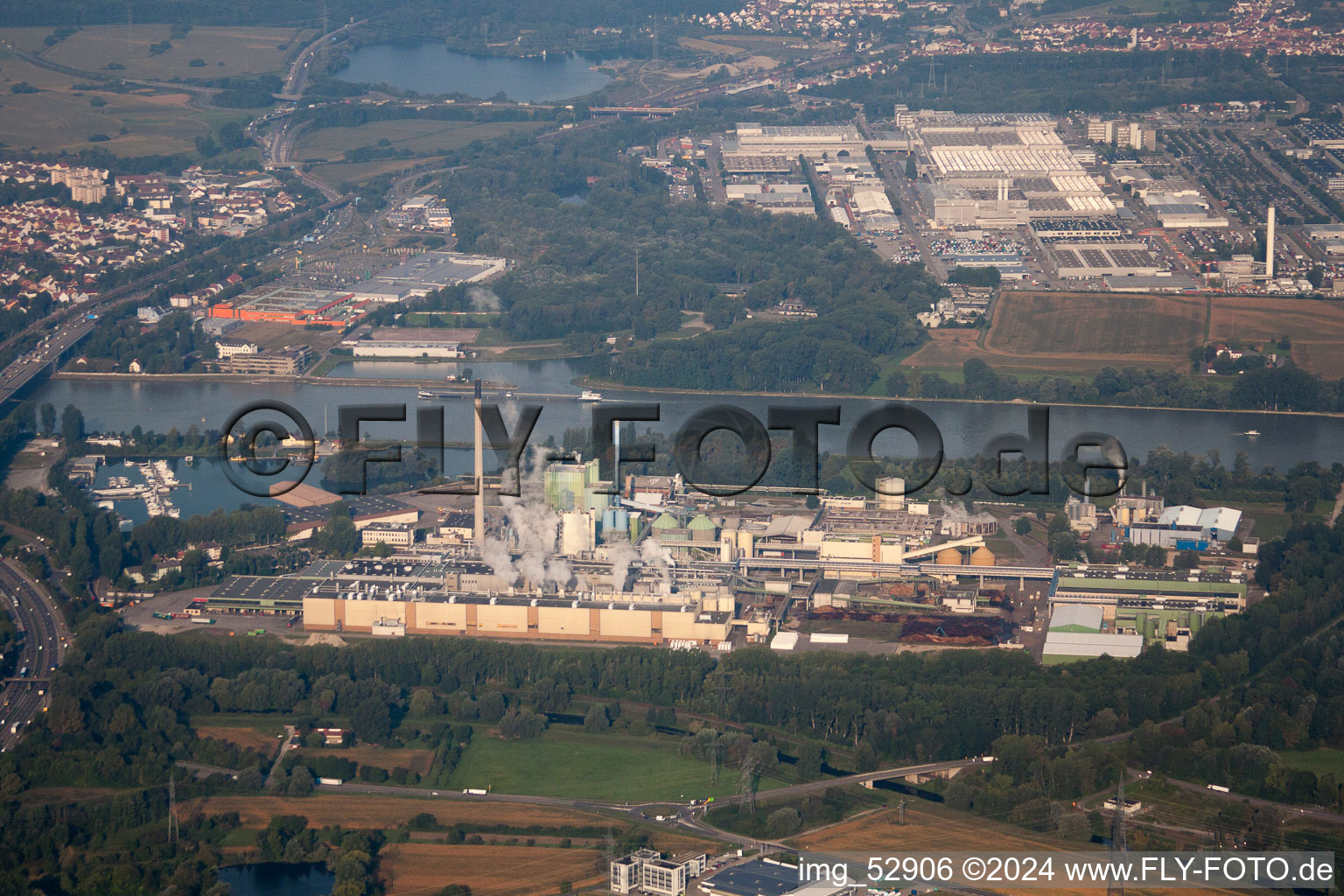 Aerial view of Maxau, Stora Enso paper mill in the district Knielingen in Karlsruhe in the state Baden-Wuerttemberg, Germany