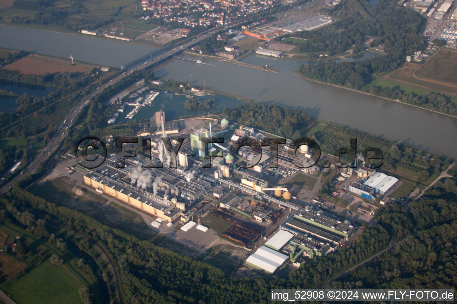 Aerial photograpy of Maxau, Stora Enso paper mill in the district Knielingen in Karlsruhe in the state Baden-Wuerttemberg, Germany