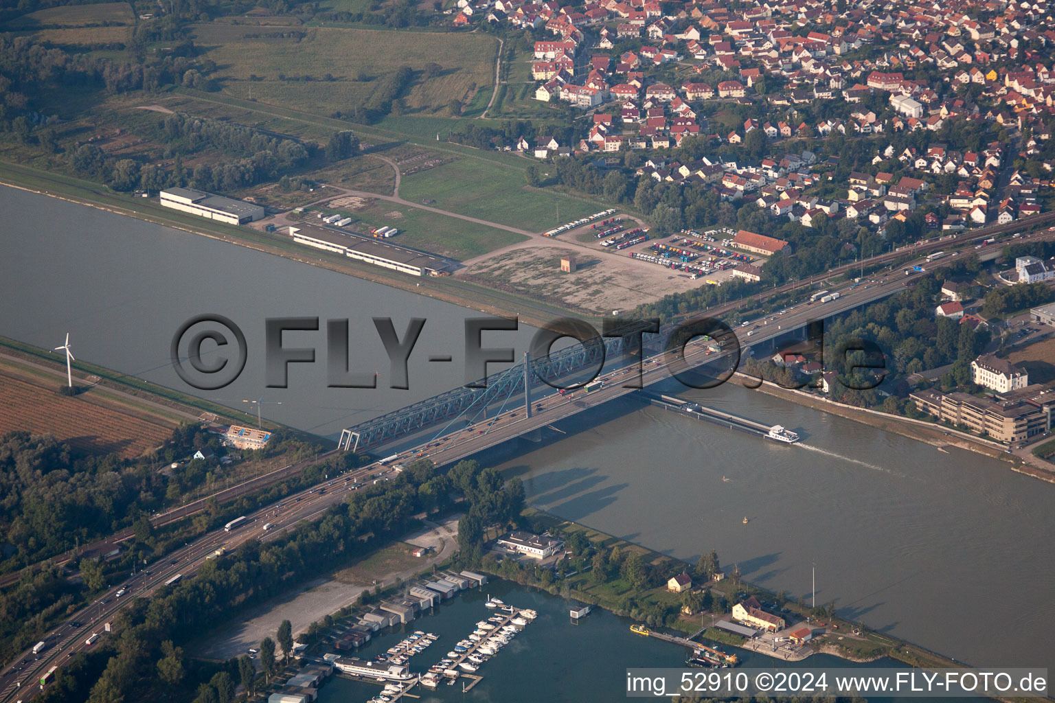 Oblique view of Maxau Rhine Bridge in the district Knielingen in Karlsruhe in the state Baden-Wuerttemberg, Germany