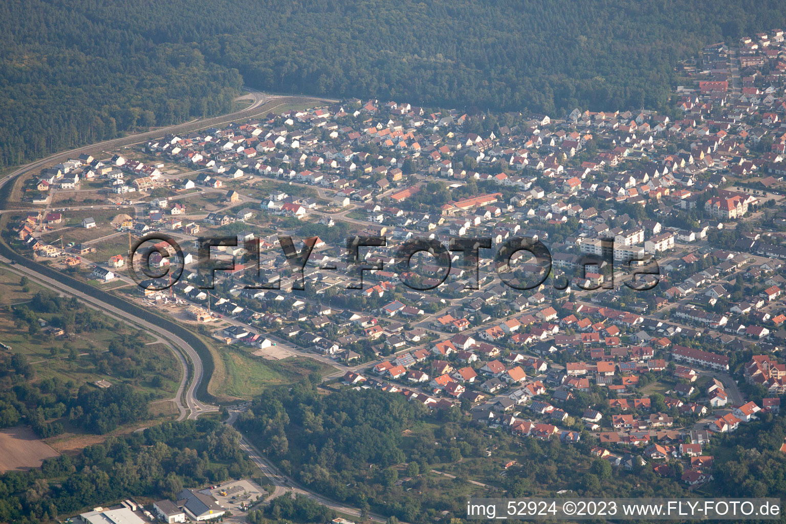 Bird's eye view of New development area SW in Jockgrim in the state Rhineland-Palatinate, Germany