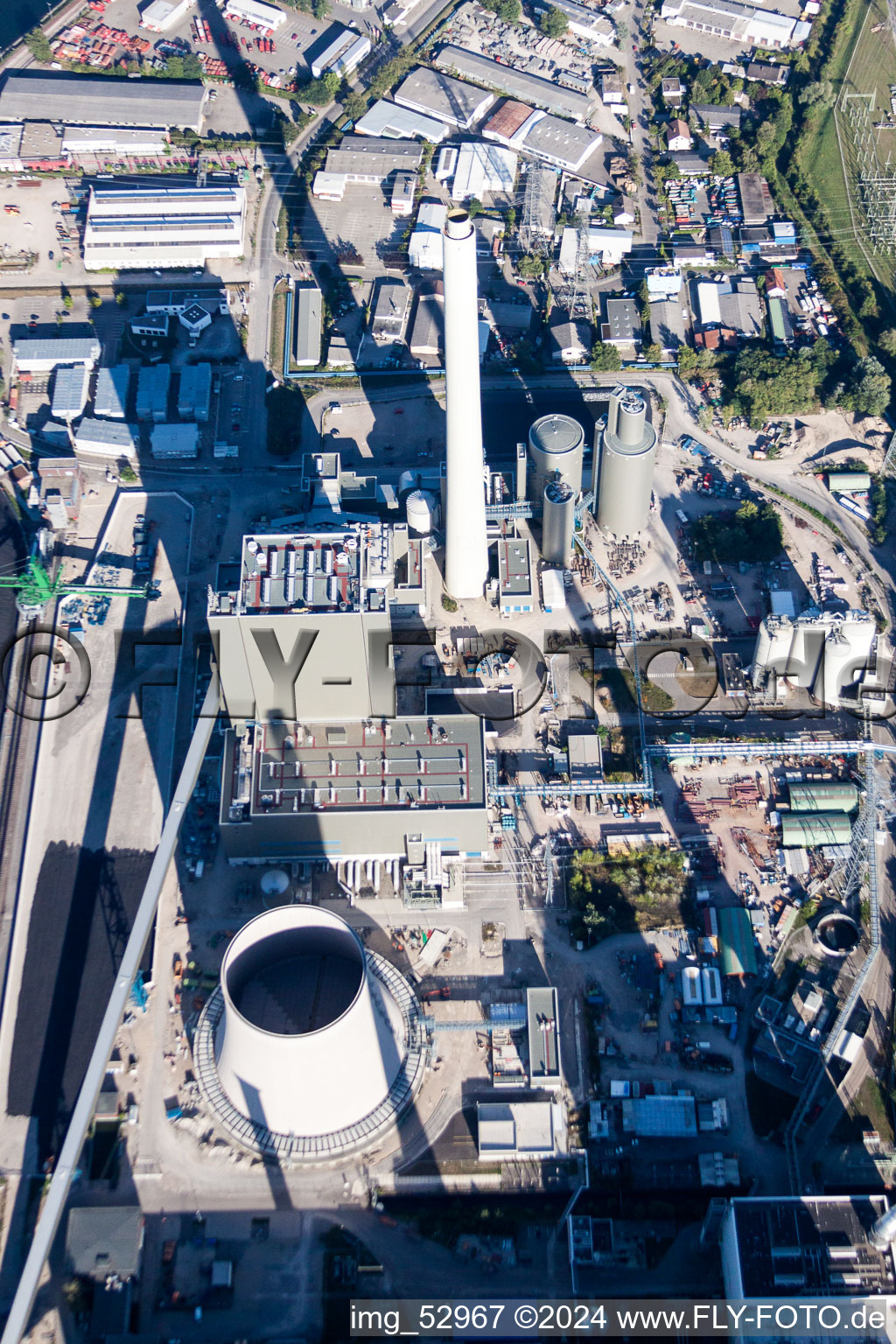 Bird's eye view of ENBW new building in the district Rheinhafen in Karlsruhe in the state Baden-Wuerttemberg, Germany