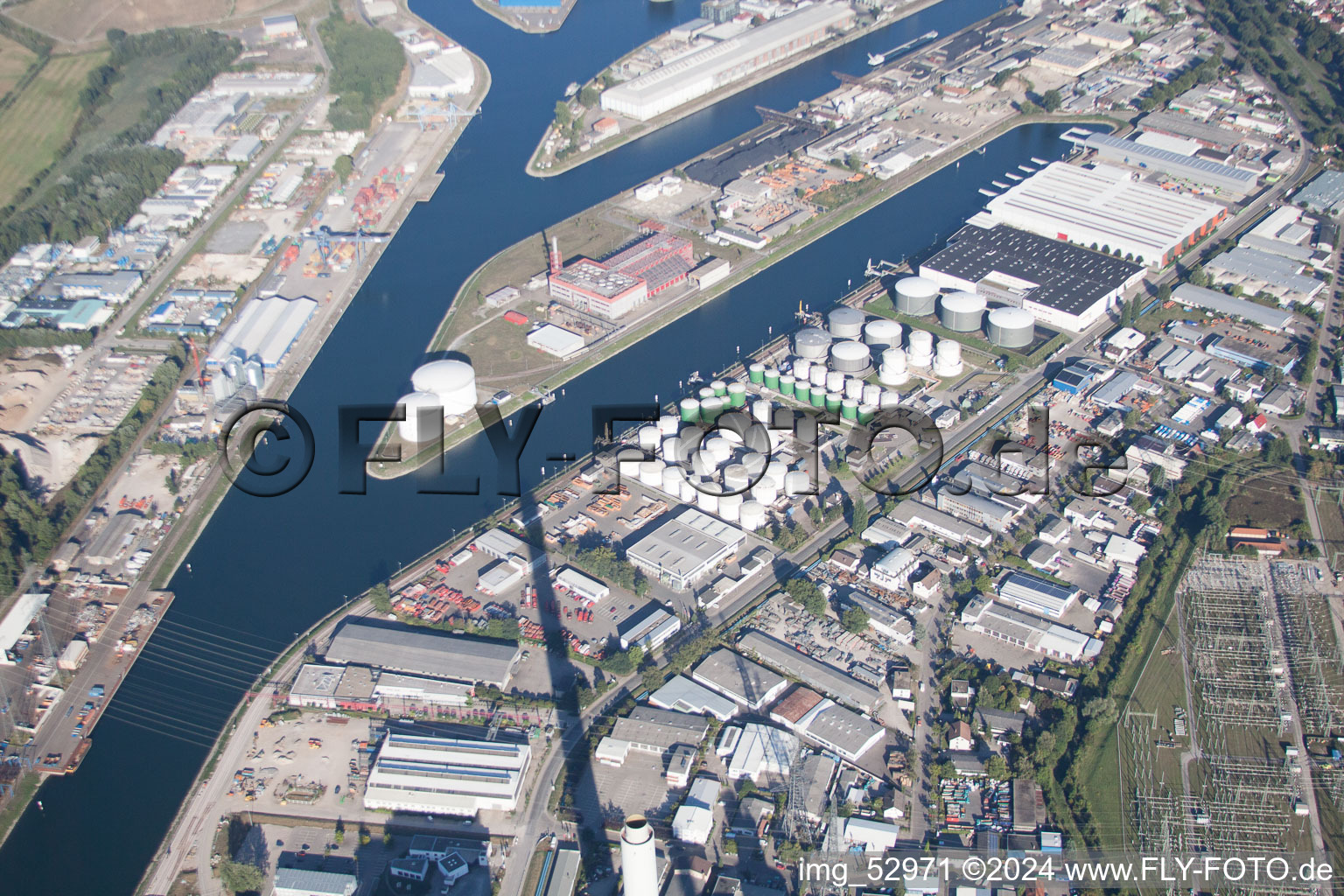 District Rheinhafen in Karlsruhe in the state Baden-Wuerttemberg, Germany seen from above