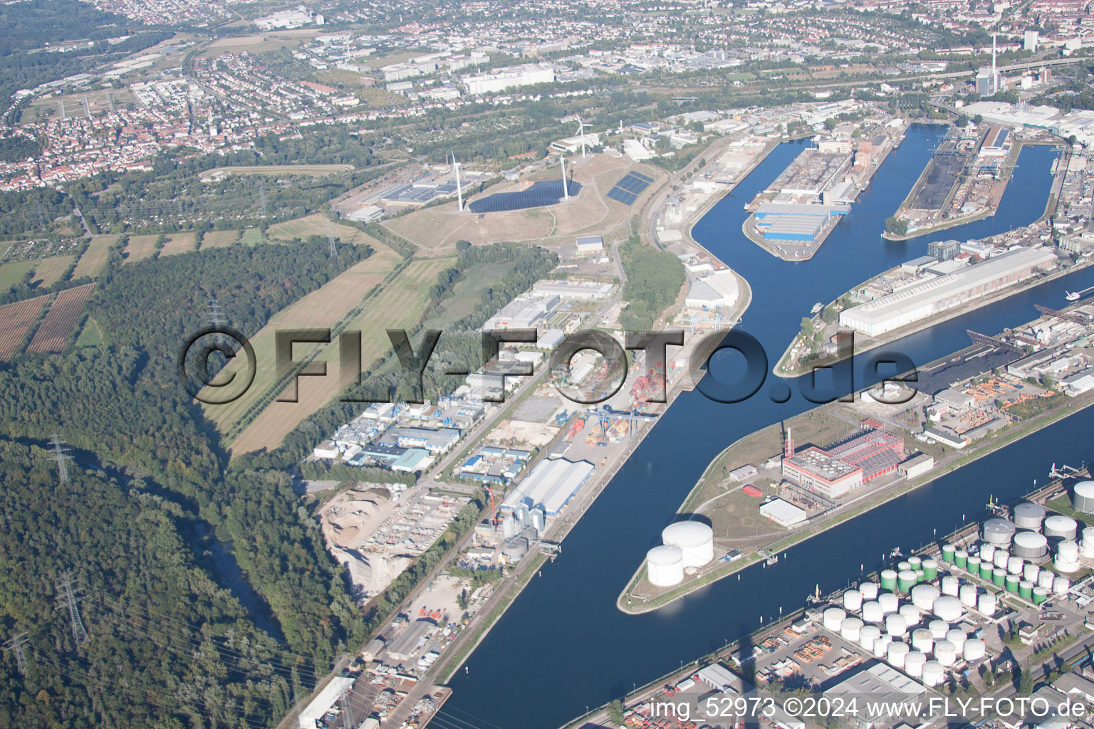 District Rheinhafen in Karlsruhe in the state Baden-Wuerttemberg, Germany from the plane