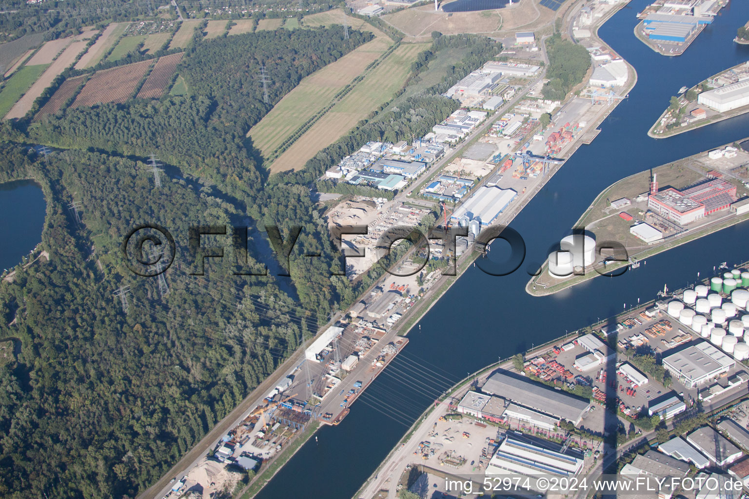 Bird's eye view of District Rheinhafen in Karlsruhe in the state Baden-Wuerttemberg, Germany