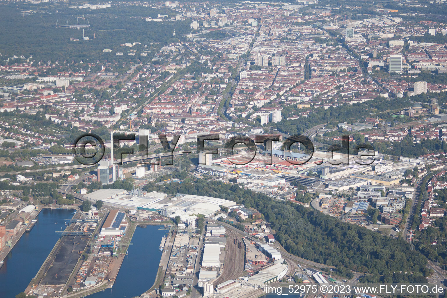 District Rheinhafen in Karlsruhe in the state Baden-Wuerttemberg, Germany viewn from the air