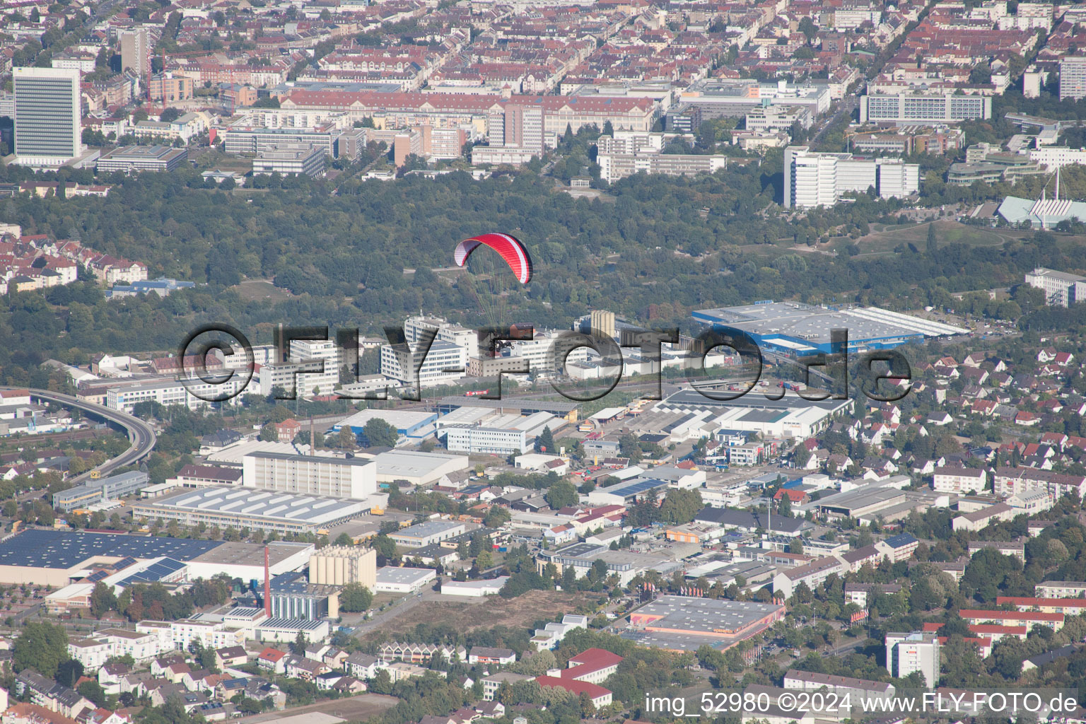 District Südweststadt in Karlsruhe in the state Baden-Wuerttemberg, Germany from above