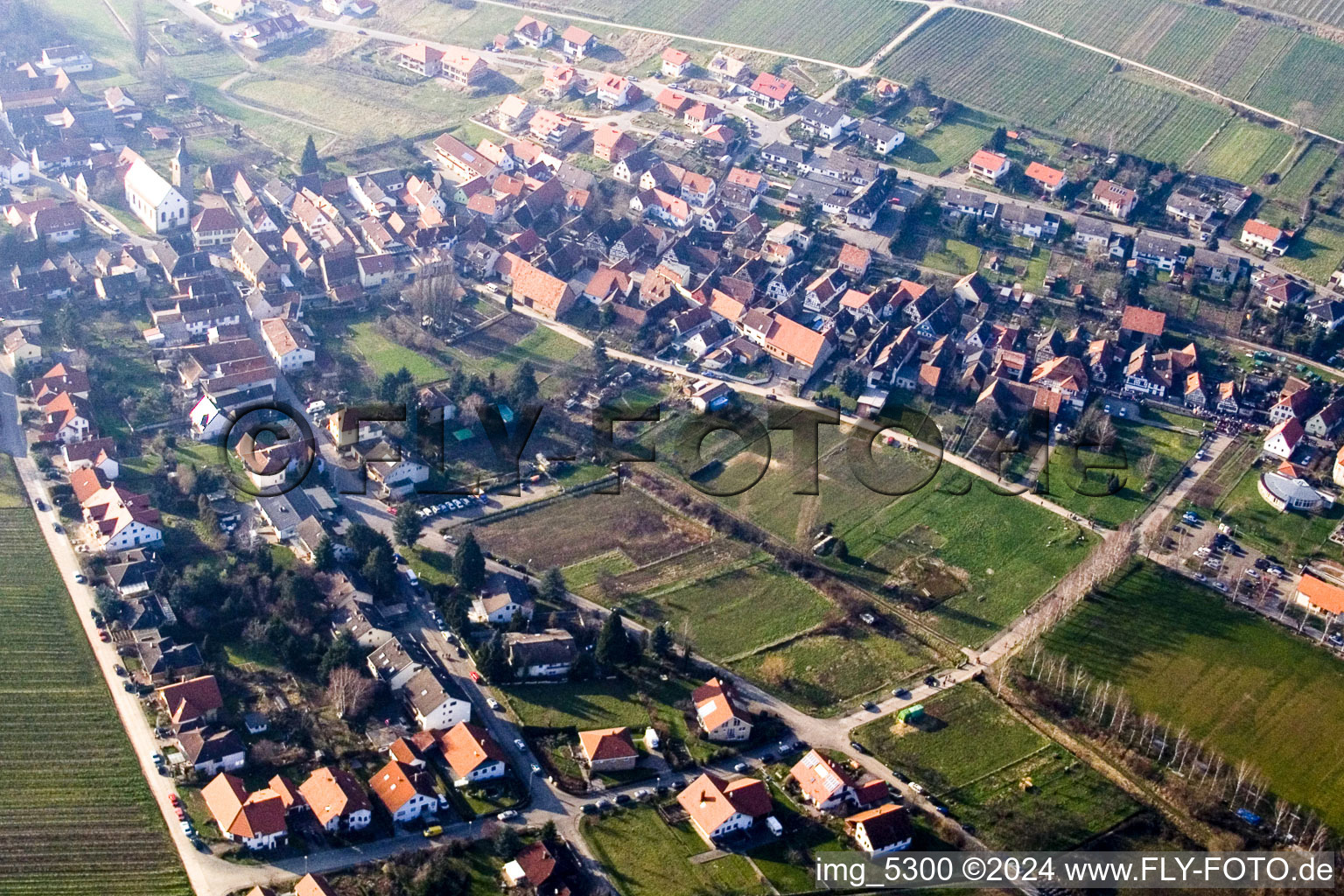 District Pleisweiler in Pleisweiler-Oberhofen in the state Rhineland-Palatinate, Germany seen from a drone