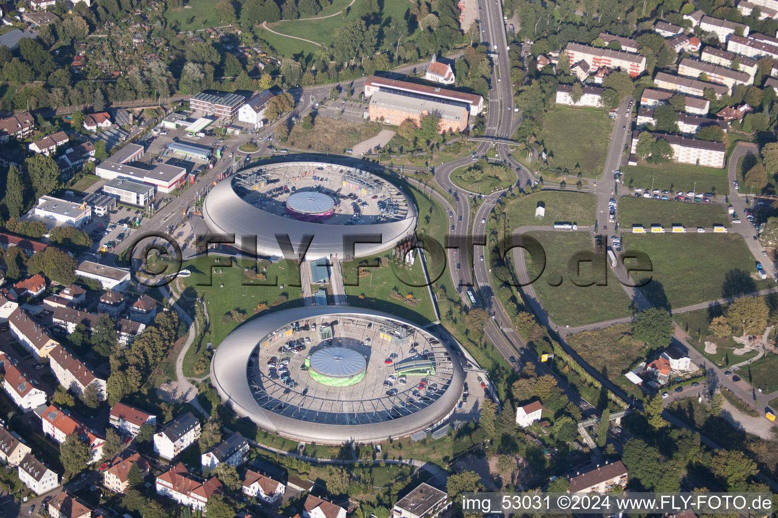 Building of the shopping center Shopping Cite in Baden-Baden in the state Baden-Wurttemberg from a drone