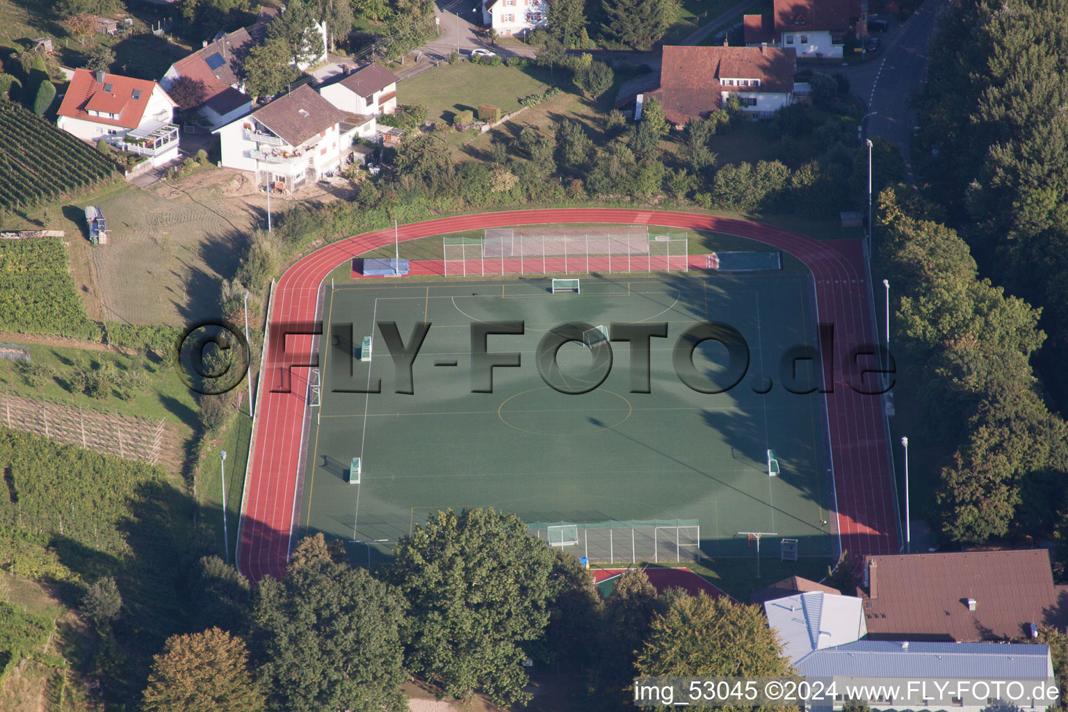 Aerial view of Ensemble of sports grounds of Suedbadischen Sportschule in the district Steinbach in Baden-Baden in the state Baden-Wurttemberg, Germany