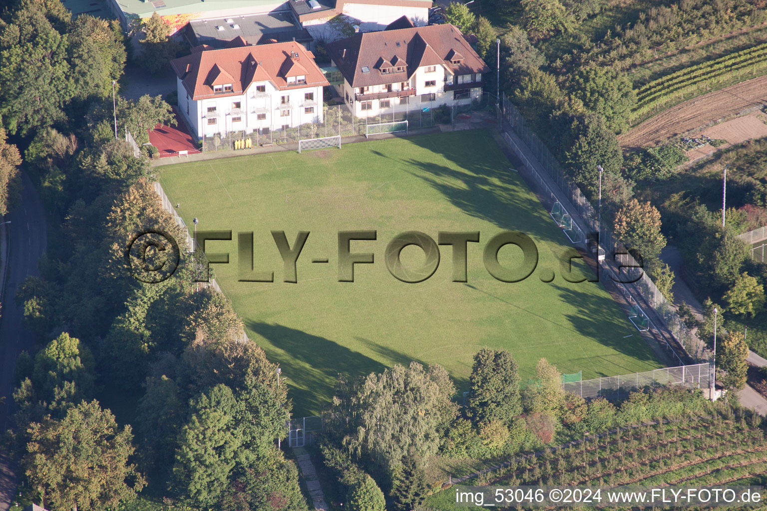 Aerial photograpy of Ensemble of sports grounds of Suedbadischen Sportschule in the district Steinbach in Baden-Baden in the state Baden-Wurttemberg, Germany