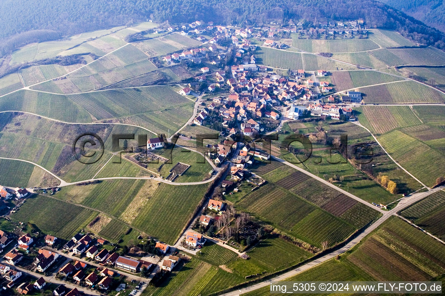 Aerial view of Churches building the chapel Dionysius and grave-yard in the wine-yards near the district Gleishorbach in Gleiszellen-Gleishorbach in the state Rhineland-Palatinate