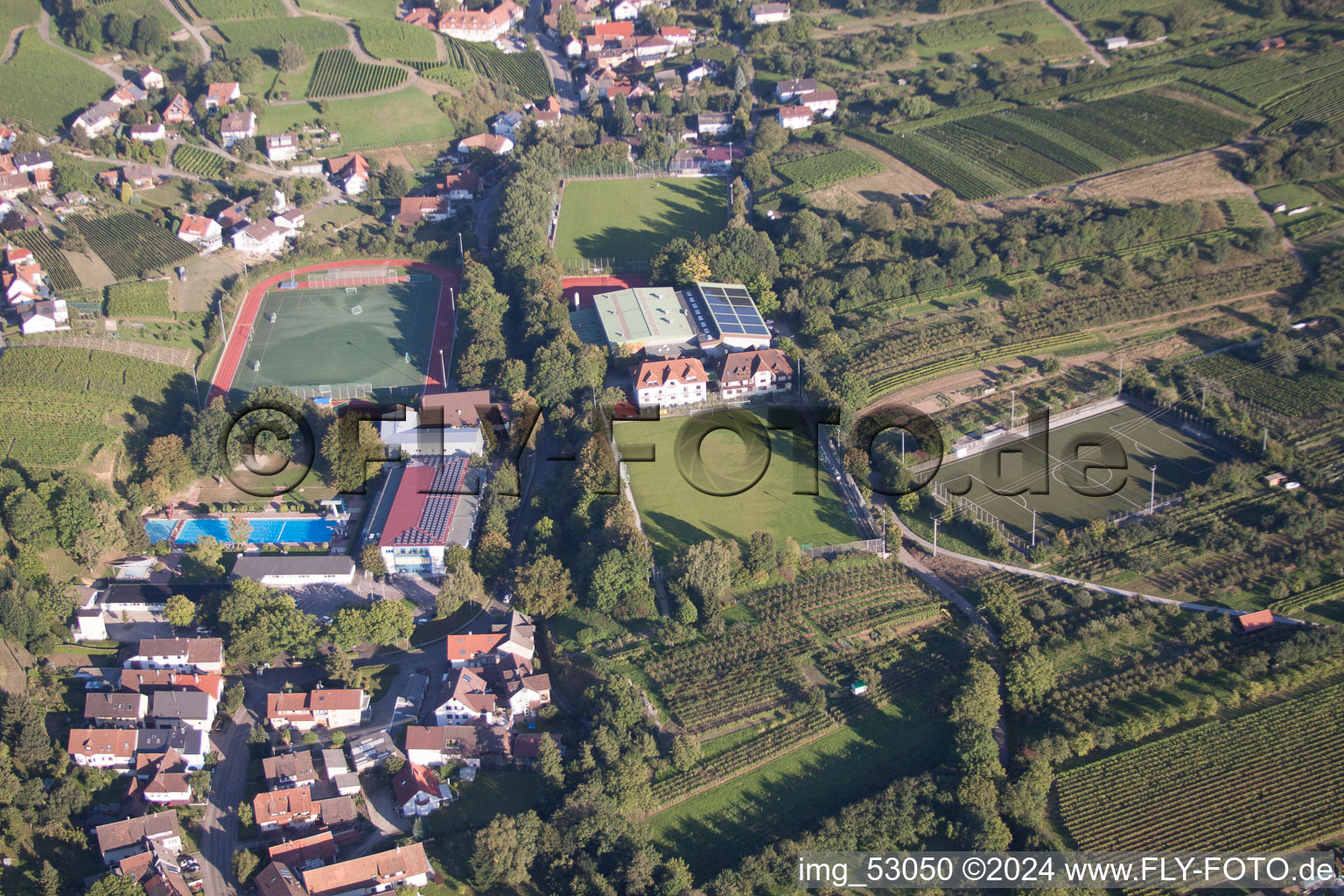 Oblique view of Ensemble of sports grounds of Suedbadischen Sportschule in the district Steinbach in Baden-Baden in the state Baden-Wurttemberg, Germany