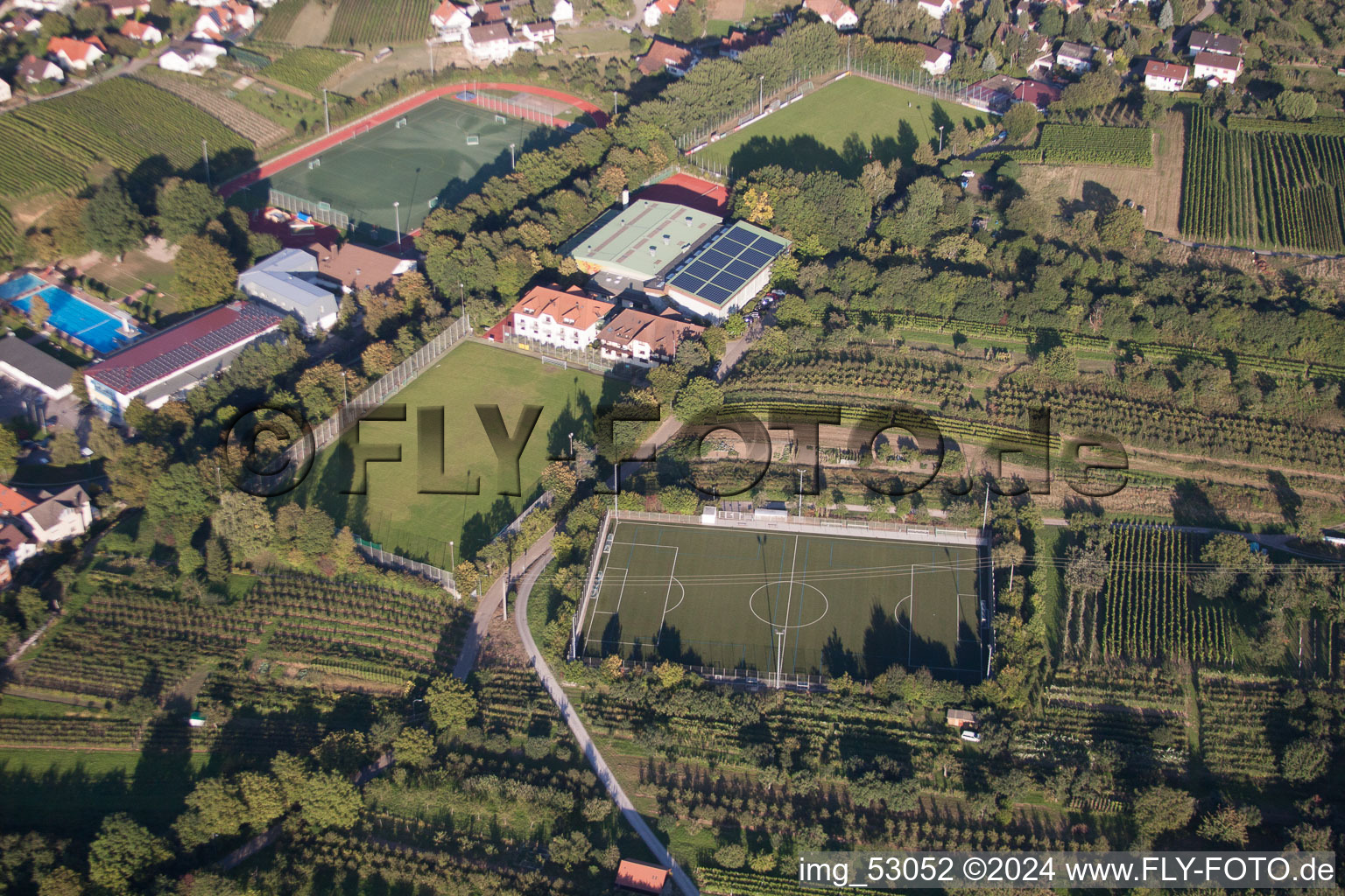 Ensemble of sports grounds of Suedbadischen Sportschule in the district Steinbach in Baden-Baden in the state Baden-Wurttemberg, Germany from above