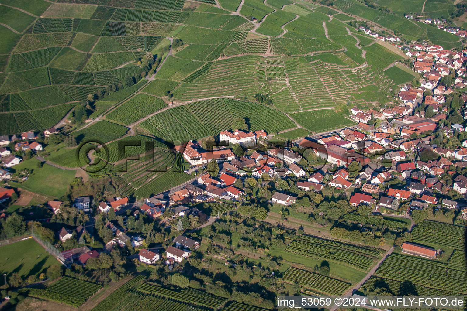 Oblique view of Neuweir Castle in the district Neuweier in Baden-Baden in the state Baden-Wuerttemberg, Germany