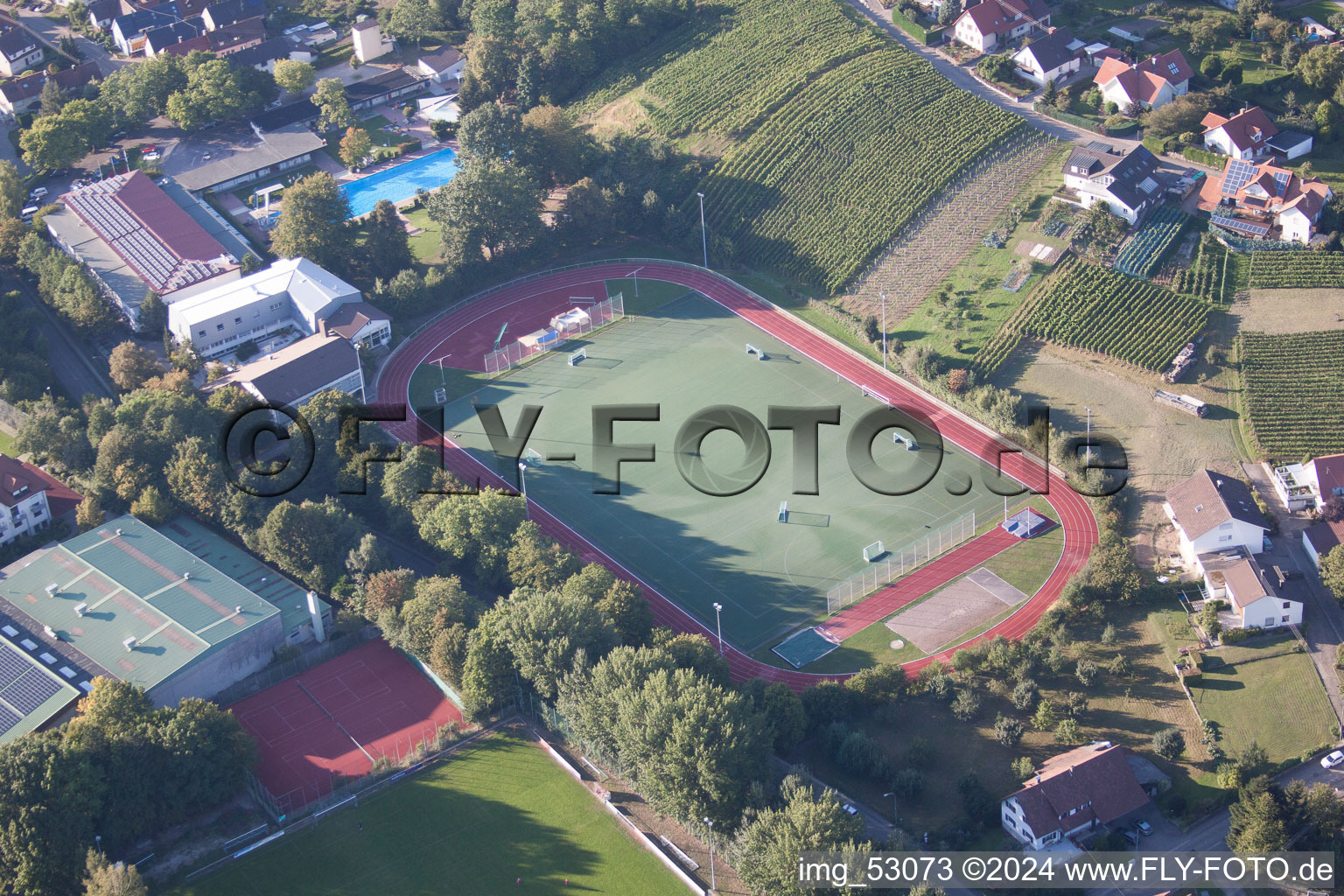 Ensemble of sports grounds of Suedbadischen Sportschule in the district Steinbach in Baden-Baden in the state Baden-Wurttemberg, Germany seen from above