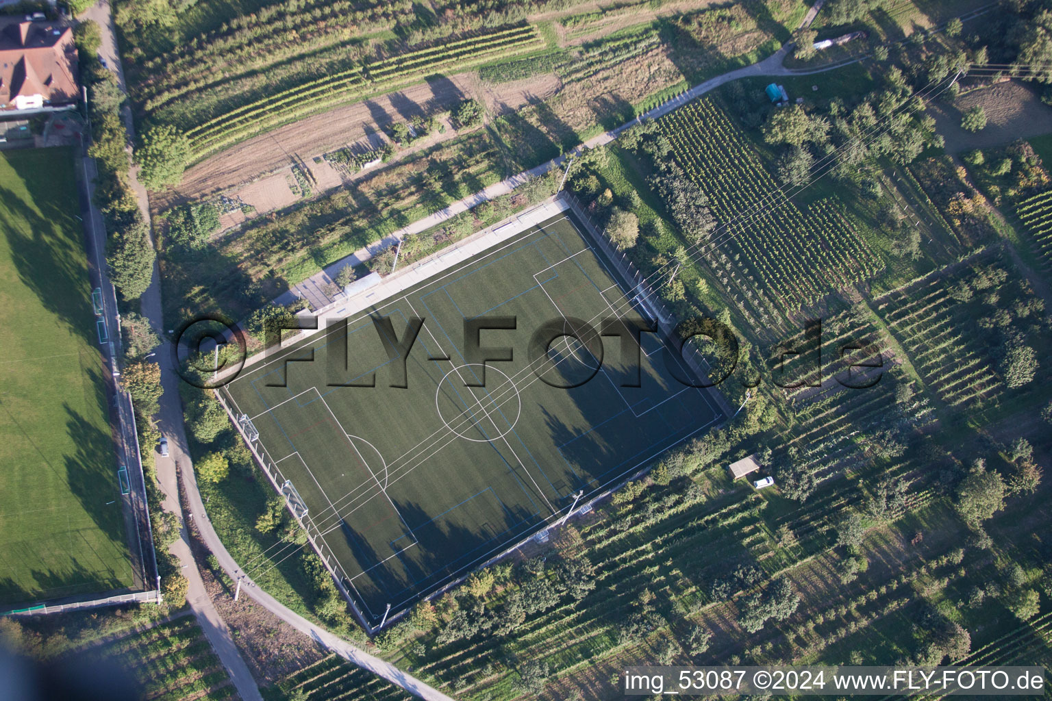 Ensemble of sports grounds of Suedbadischen Sportschule in the district Steinbach in Baden-Baden in the state Baden-Wurttemberg, Germany from the plane