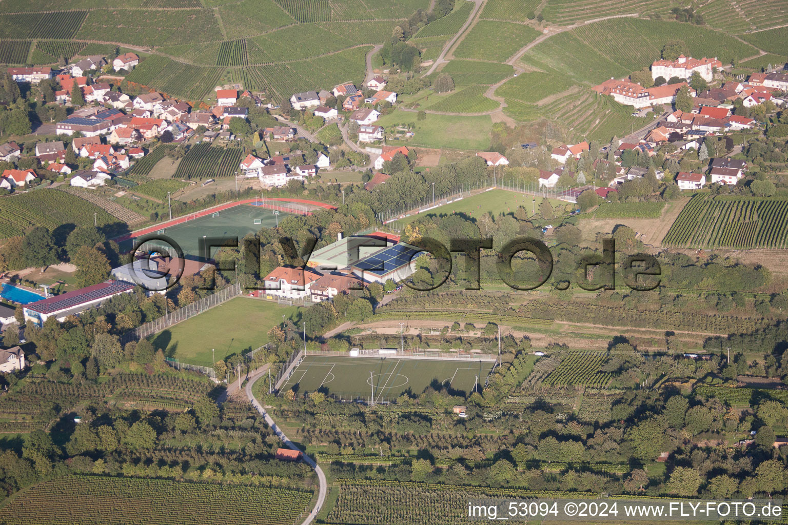 Bird's eye view of Ensemble of sports grounds of Suedbadischen Sportschule in the district Steinbach in Baden-Baden in the state Baden-Wurttemberg, Germany