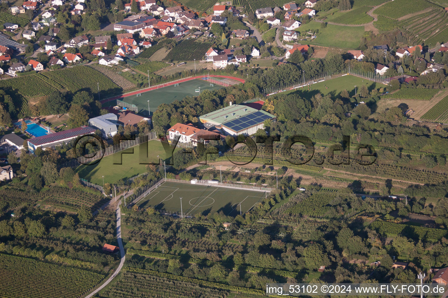 Ensemble of sports grounds of Suedbadischen Sportschule in the district Steinbach in Baden-Baden in the state Baden-Wurttemberg, Germany viewn from the air