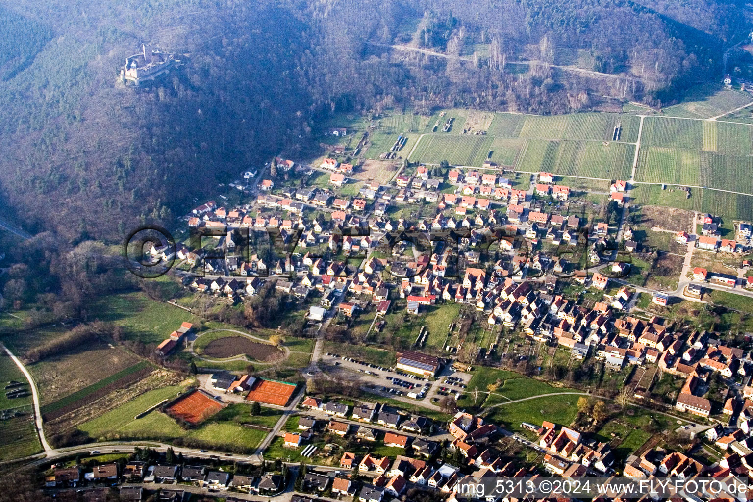 Aerial view of From the south in Klingenmünster in the state Rhineland-Palatinate, Germany