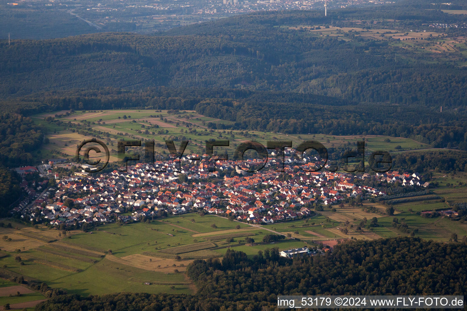 From the south in the district Spessart in Ettlingen in the state Baden-Wuerttemberg, Germany