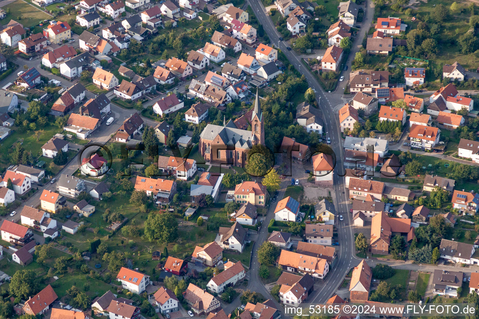 Aerial view of Church building of Bonifatius in Schoellbronn in the state Baden-Wurttemberg, Germany