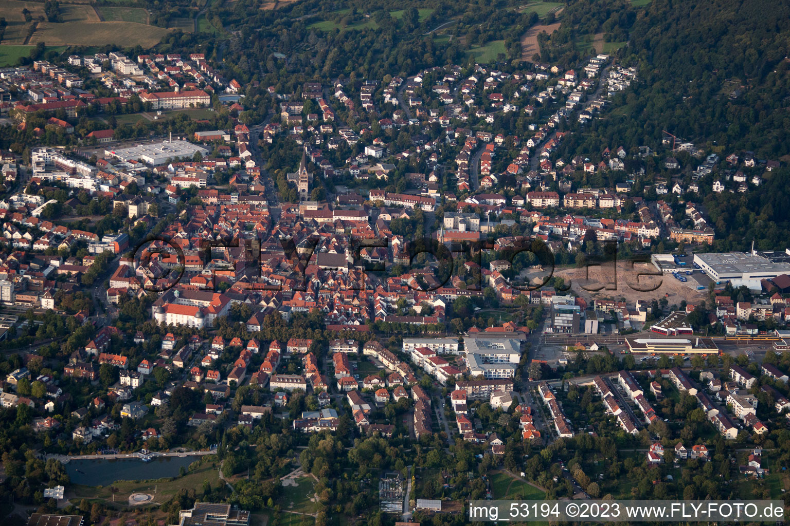 Aerial view of Old town from the south in Ettlingen in the state Baden-Wuerttemberg, Germany