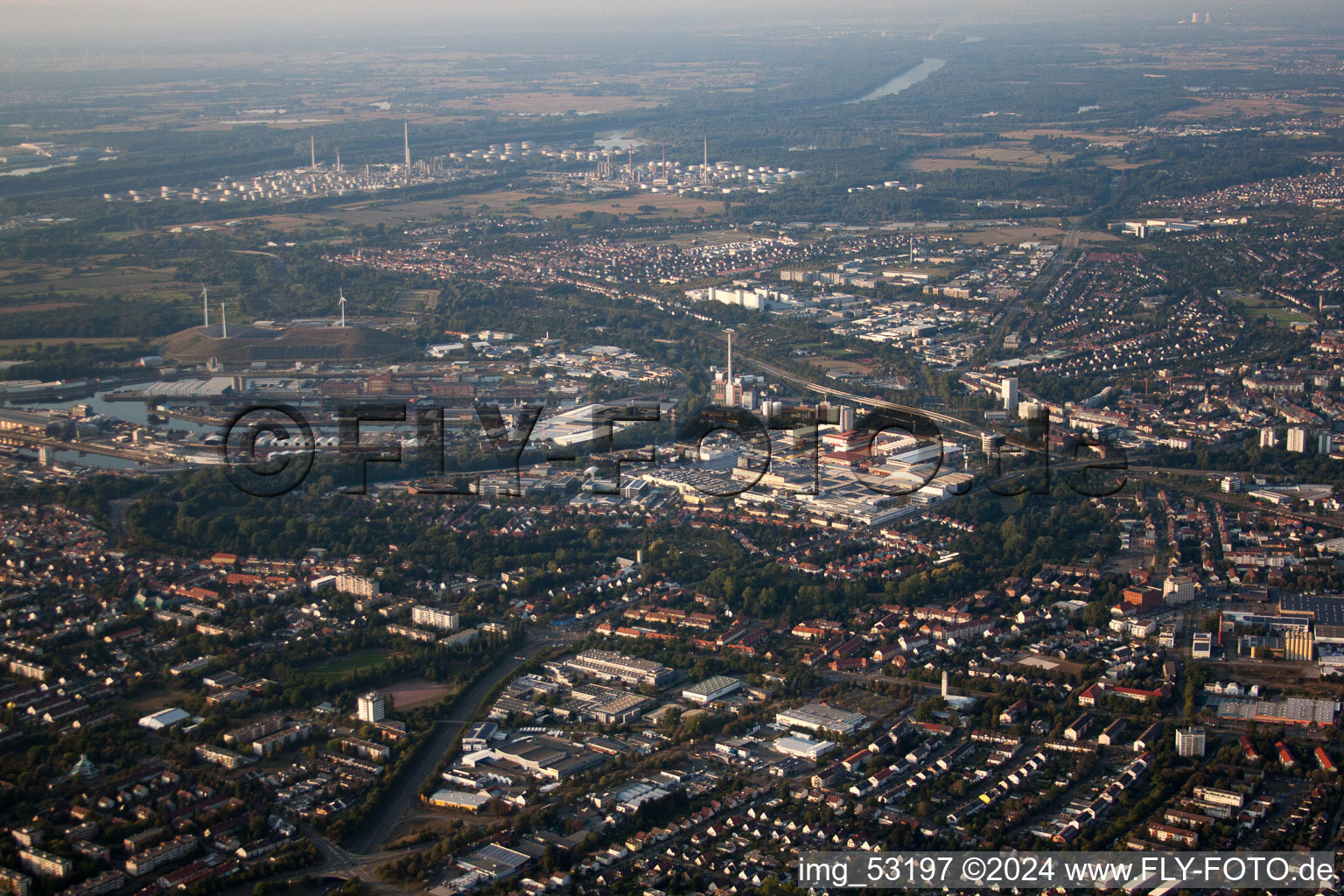 Drone recording of District Rheinhafen in Karlsruhe in the state Baden-Wuerttemberg, Germany