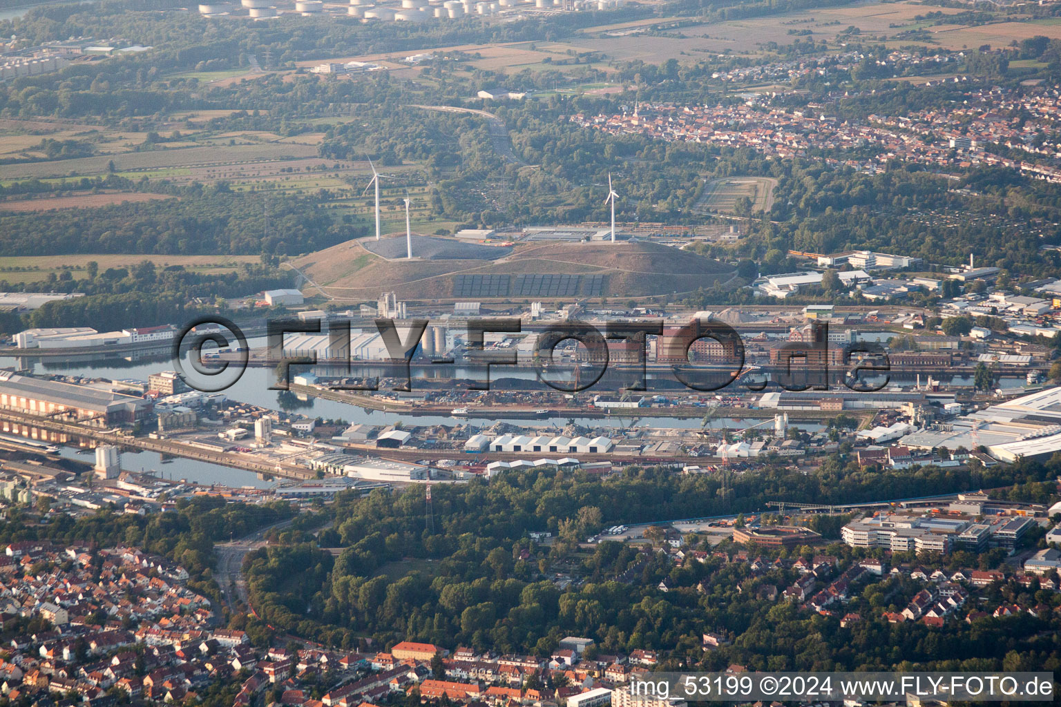 District Rheinhafen in Karlsruhe in the state Baden-Wuerttemberg, Germany from the drone perspective