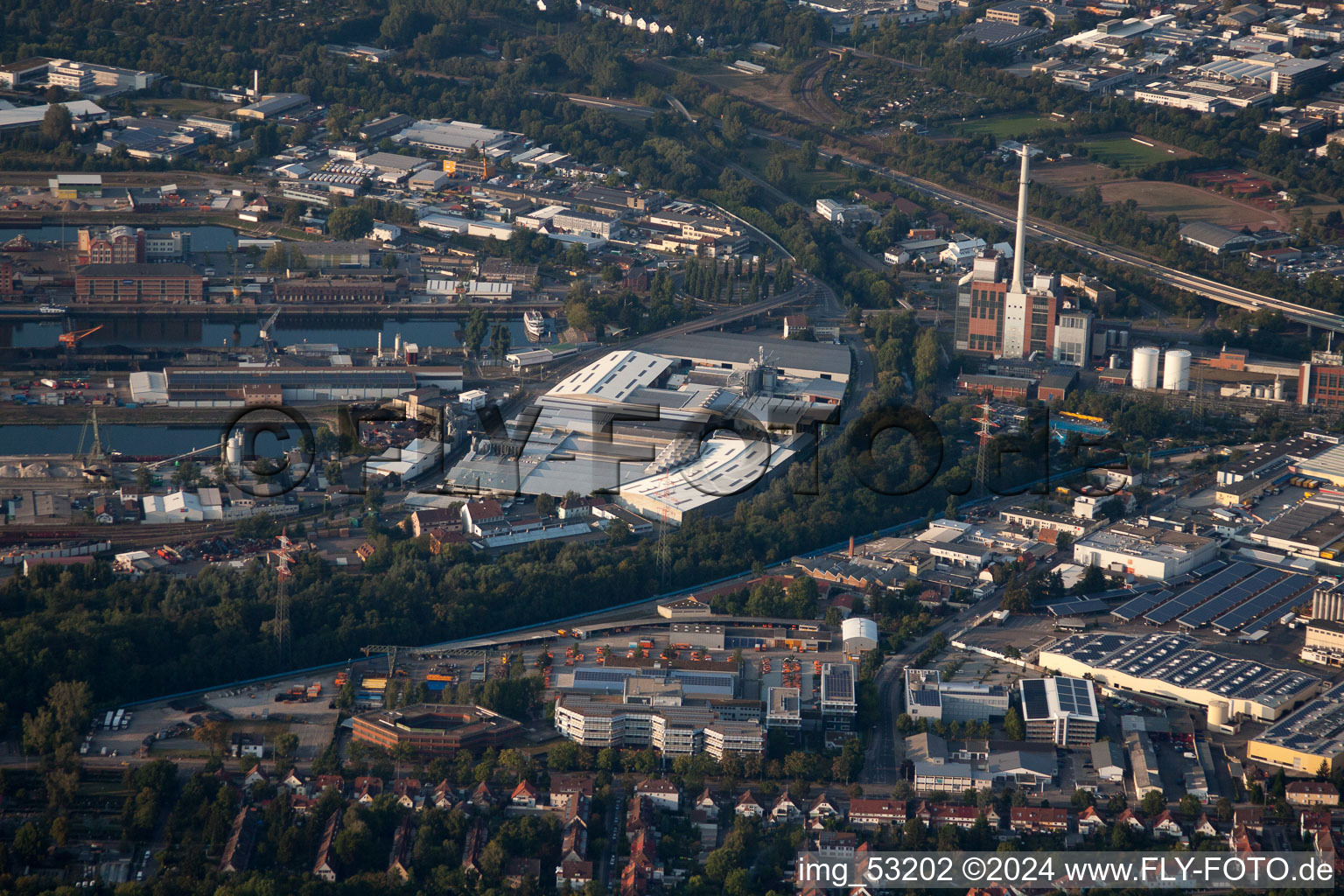 District Rheinhafen in Karlsruhe in the state Baden-Wuerttemberg, Germany seen from a drone