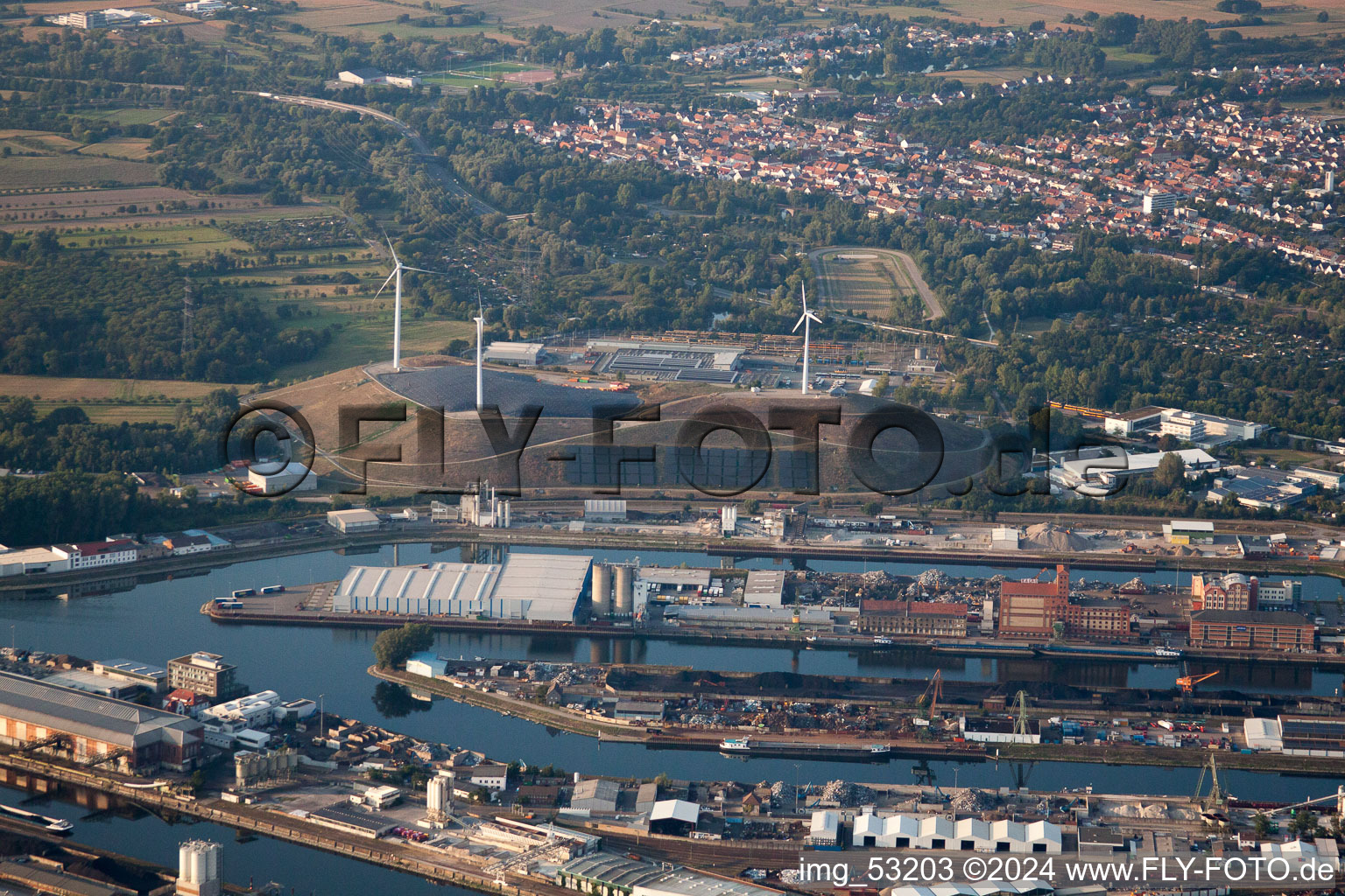 Aerial view of District Rheinhafen in Karlsruhe in the state Baden-Wuerttemberg, Germany