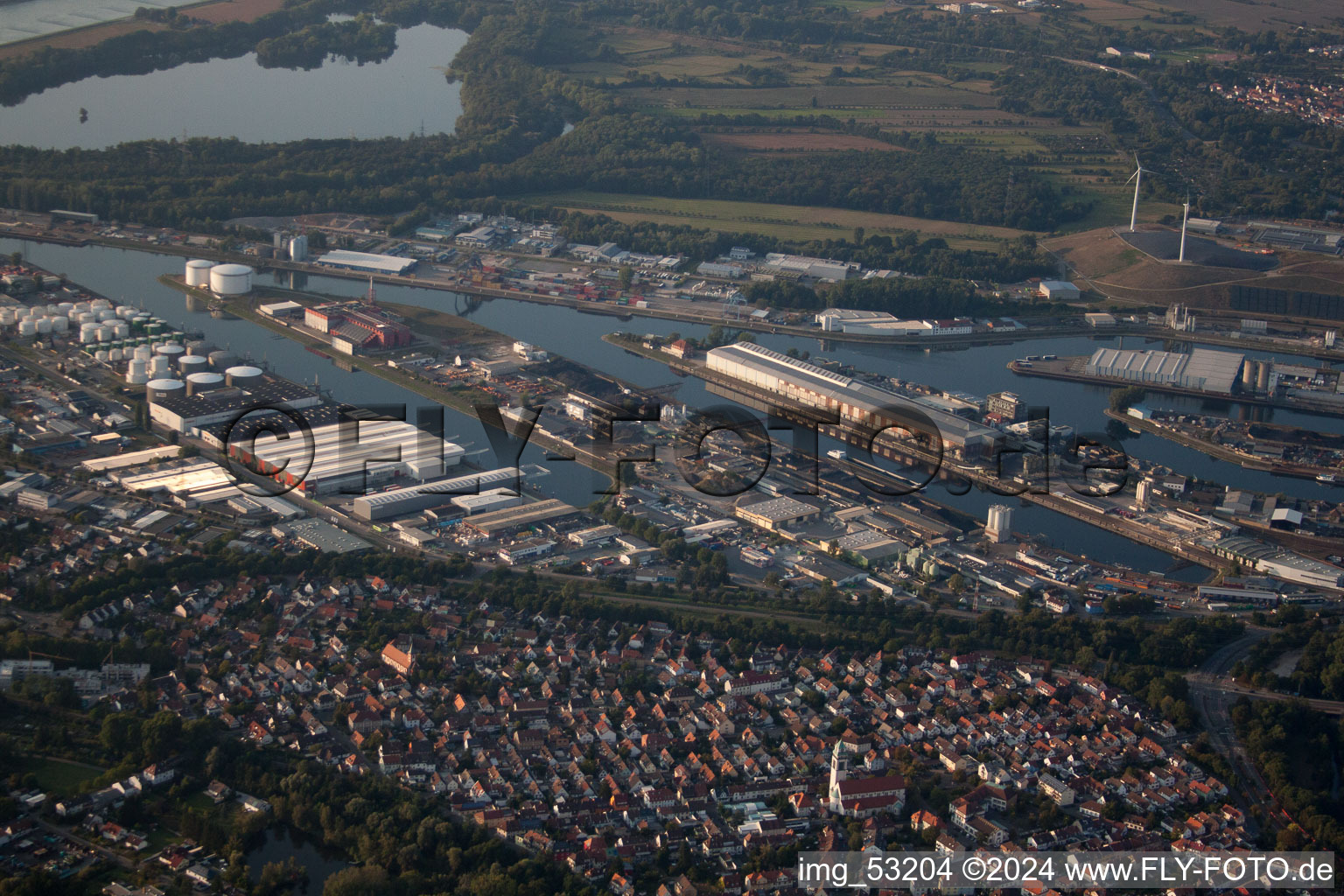 Aerial photograpy of District Rheinhafen in Karlsruhe in the state Baden-Wuerttemberg, Germany