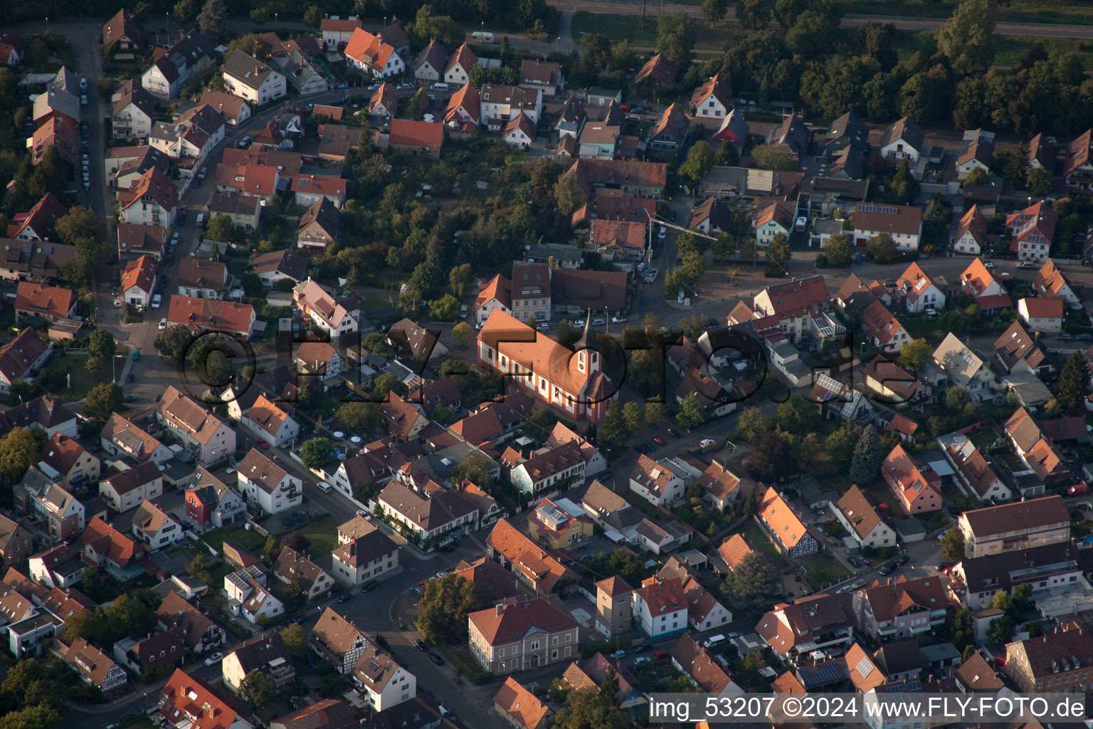 St. Valentine in the district Daxlanden in Karlsruhe in the state Baden-Wuerttemberg, Germany from above