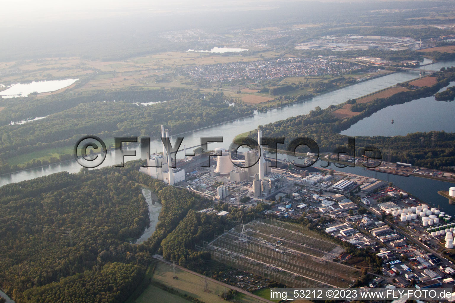 Aerial view of ENBW new building in the district Rheinhafen in Karlsruhe in the state Baden-Wuerttemberg, Germany