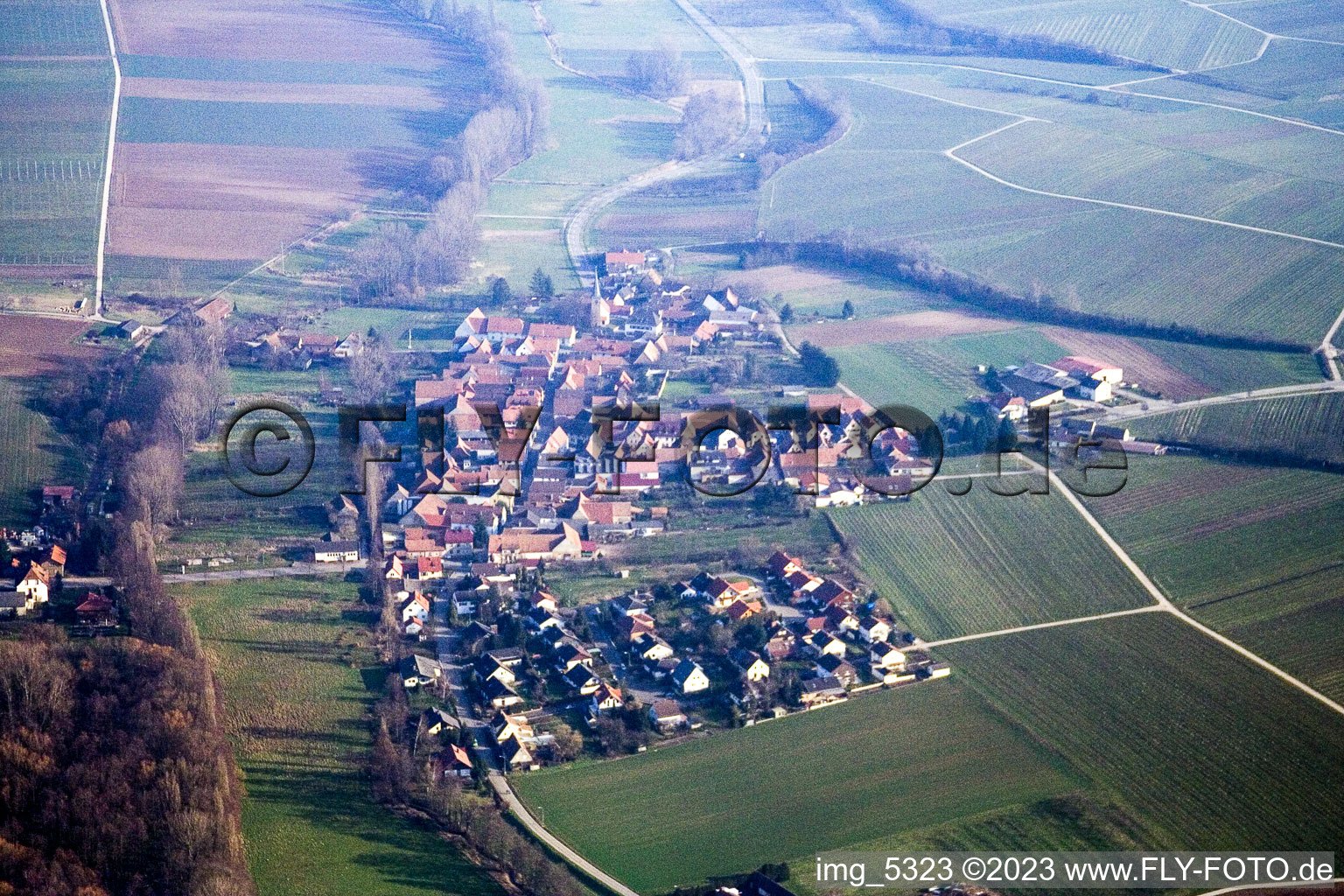 Aerial view of Heuchelheim from the west in Klingenmünster in the state Rhineland-Palatinate, Germany