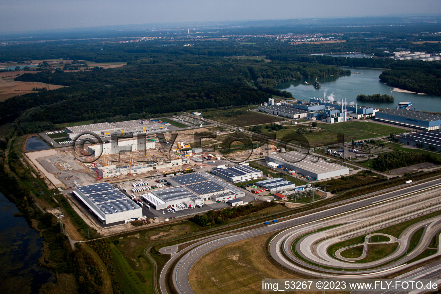 Drone image of Oberwald industrial area in Wörth am Rhein in the state Rhineland-Palatinate, Germany