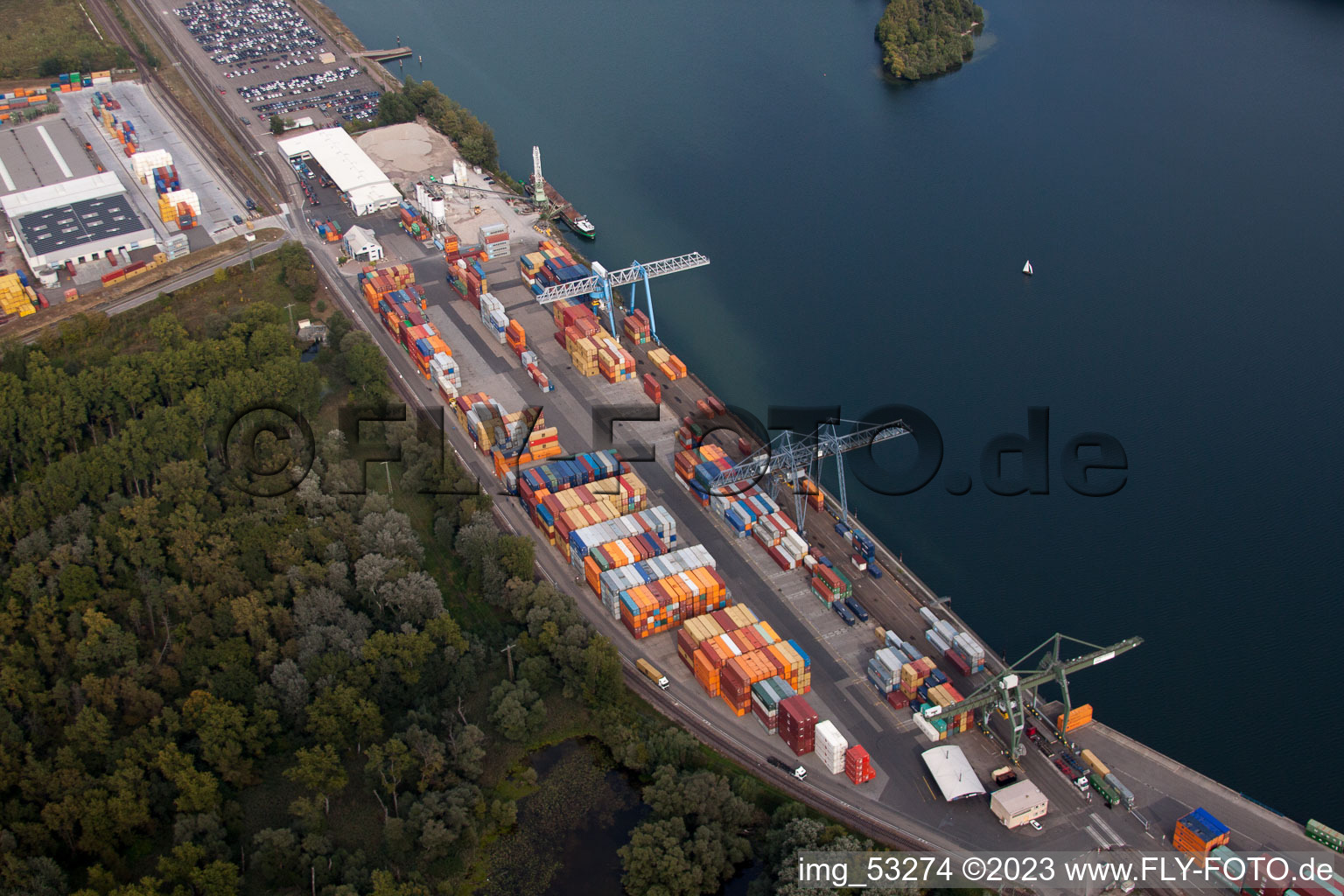 Aerial photograpy of Container port in Wörth am Rhein in the state Rhineland-Palatinate, Germany