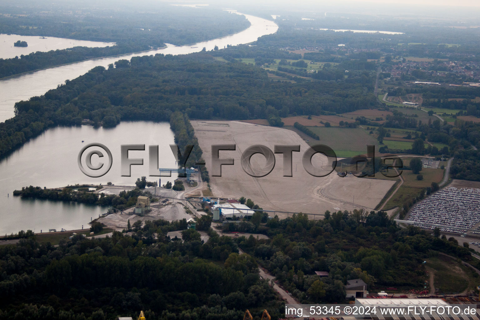 Aerial view of New Rhine port in Lauterbourg in the state Bas-Rhin, France