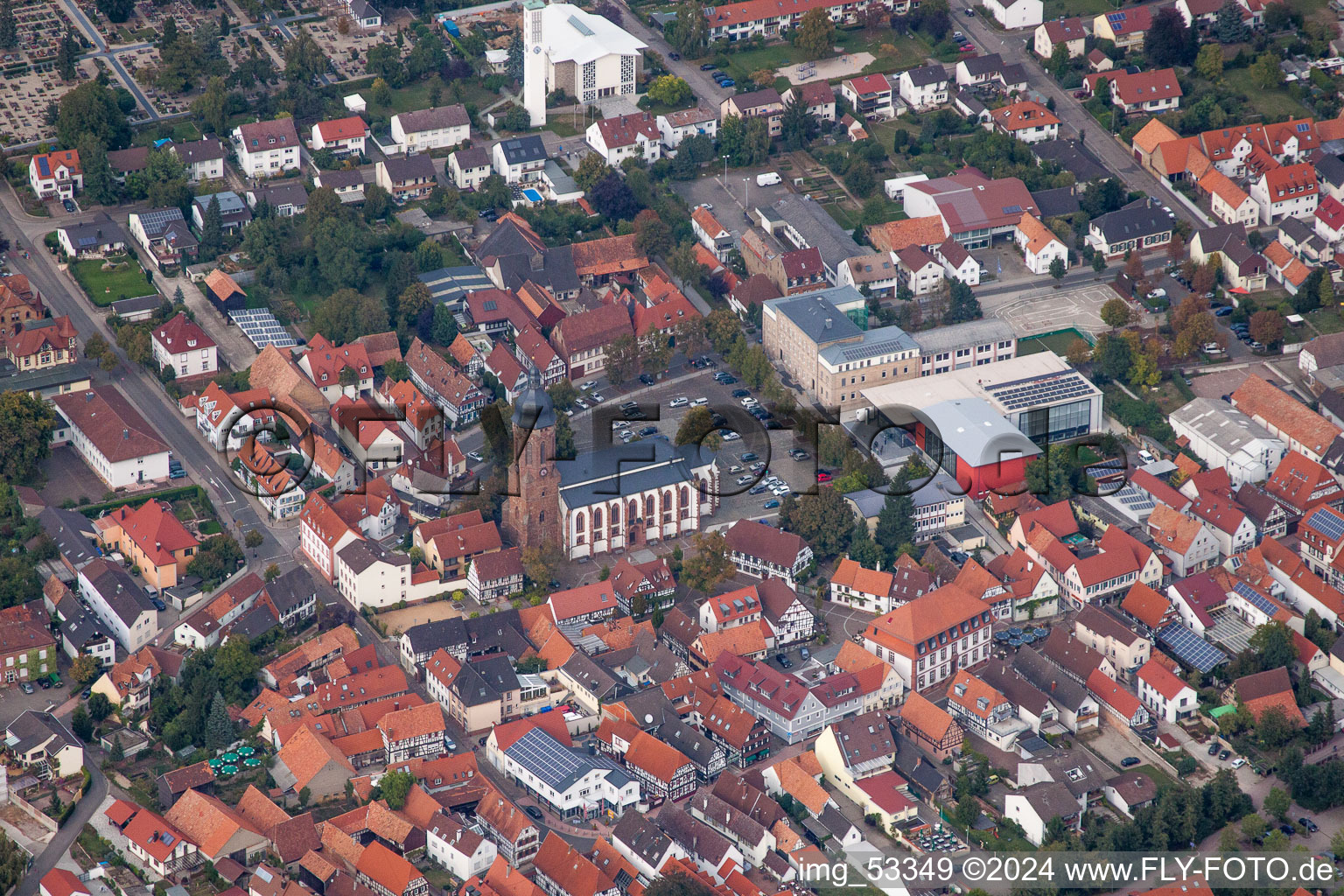 Aerial view of Church building in of Sankt Georgskirche, town-hall and primary school in Old Town- center of downtown in Kandel in the state Rhineland-Palatinate, Germany