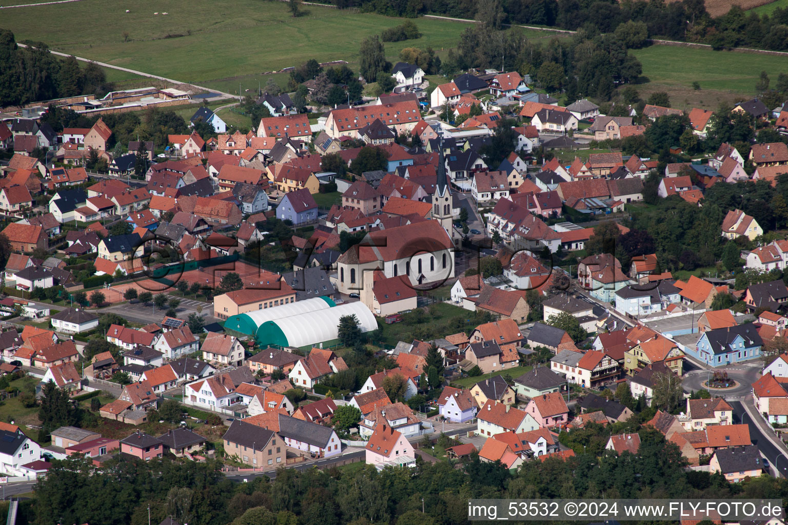 Town View of the streets and houses of the residential areas in Haguenau in Grand Est, France from above