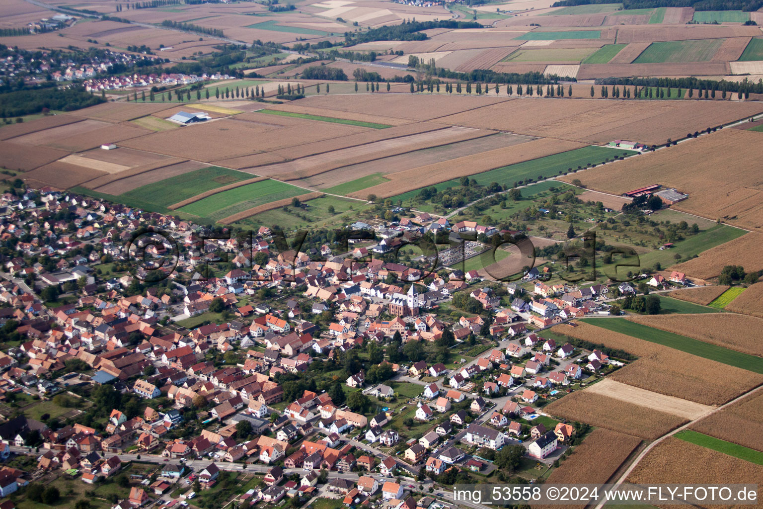 Schwindratzheim in the state Bas-Rhin, France seen from a drone