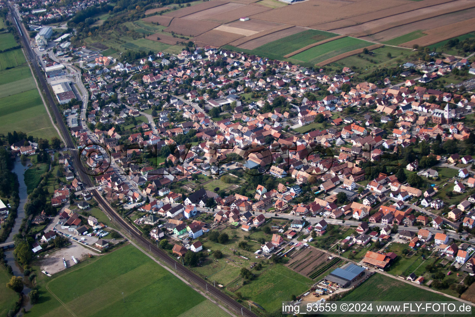 Aerial view of Schwindratzheim in the state Bas-Rhin, France