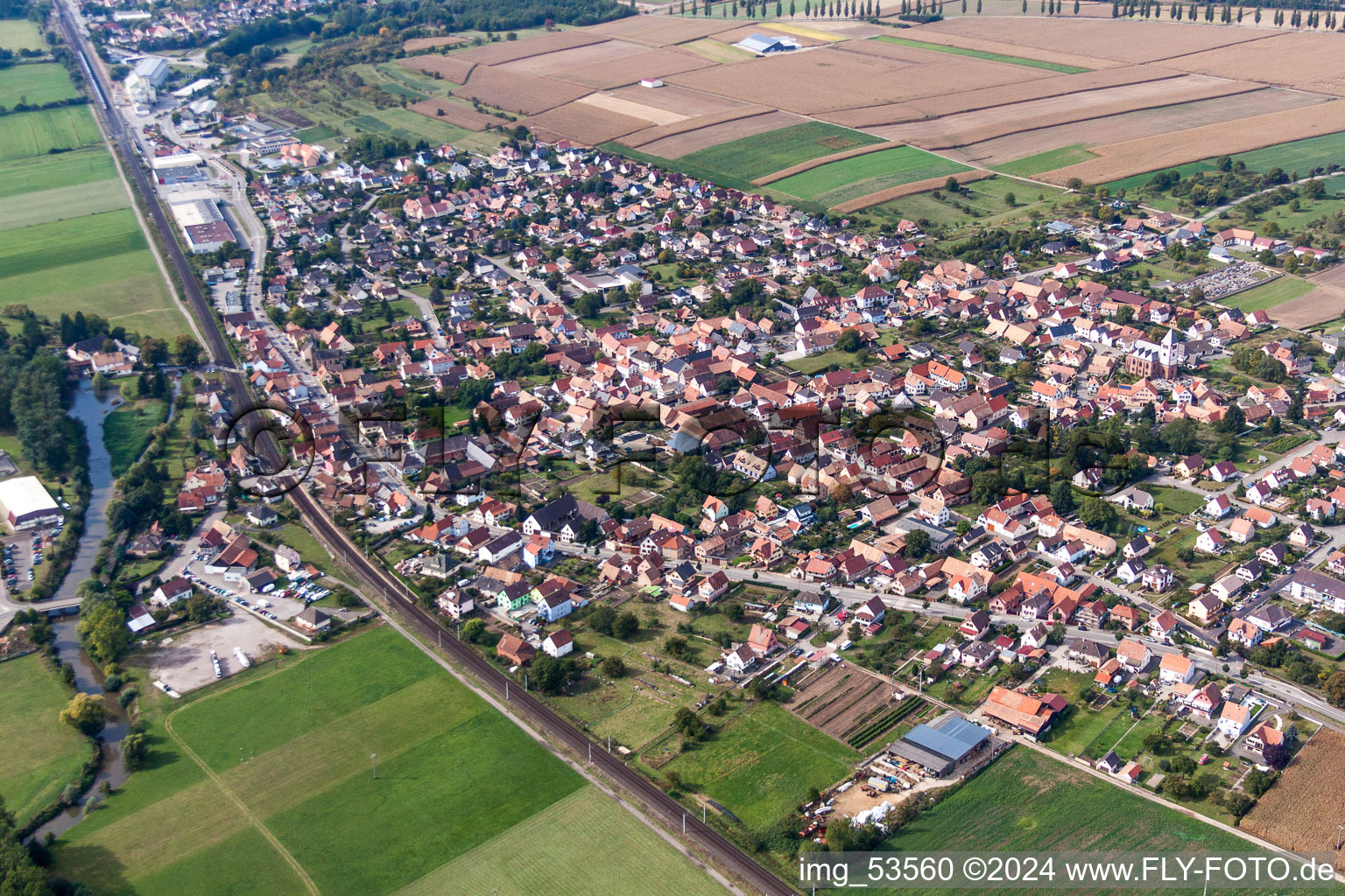 Village on the river bank areas of Zorn and of the railway in Schwindratzheim in Grand Est, France